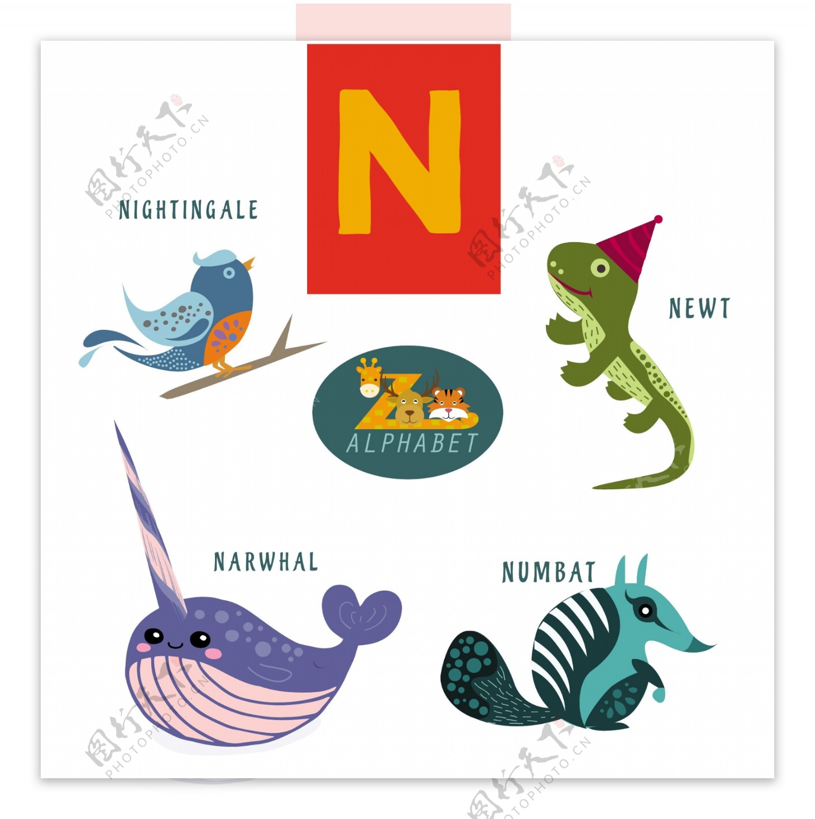 N信与彩色平面设计风格动物自由向量
