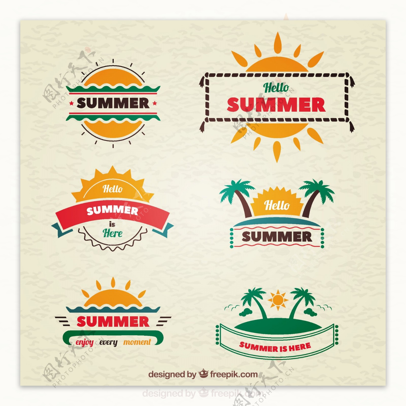 六个可爱的夏天标签集