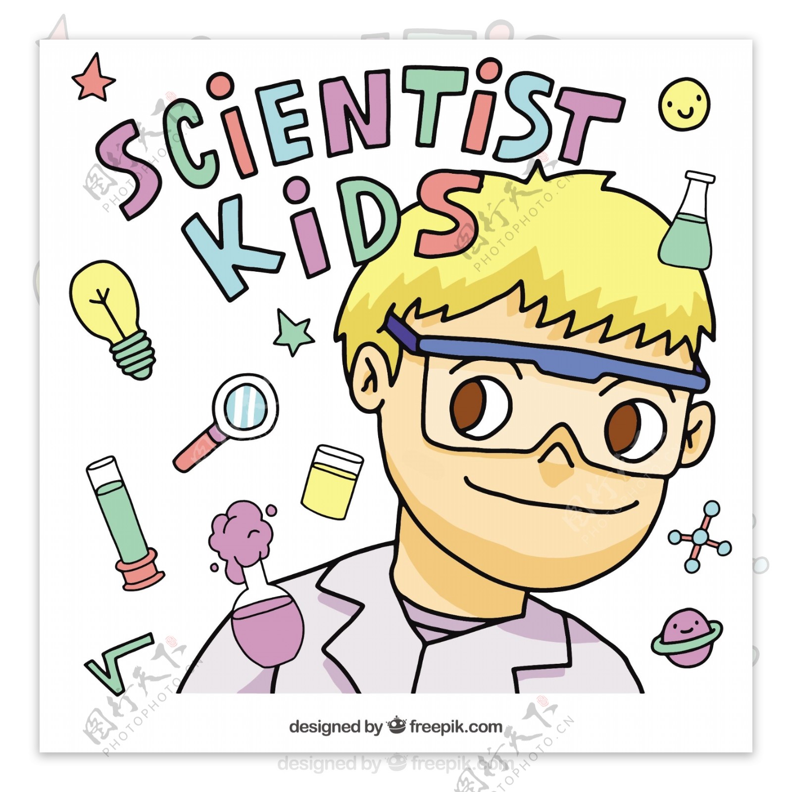 彩色科学家男孩和图标