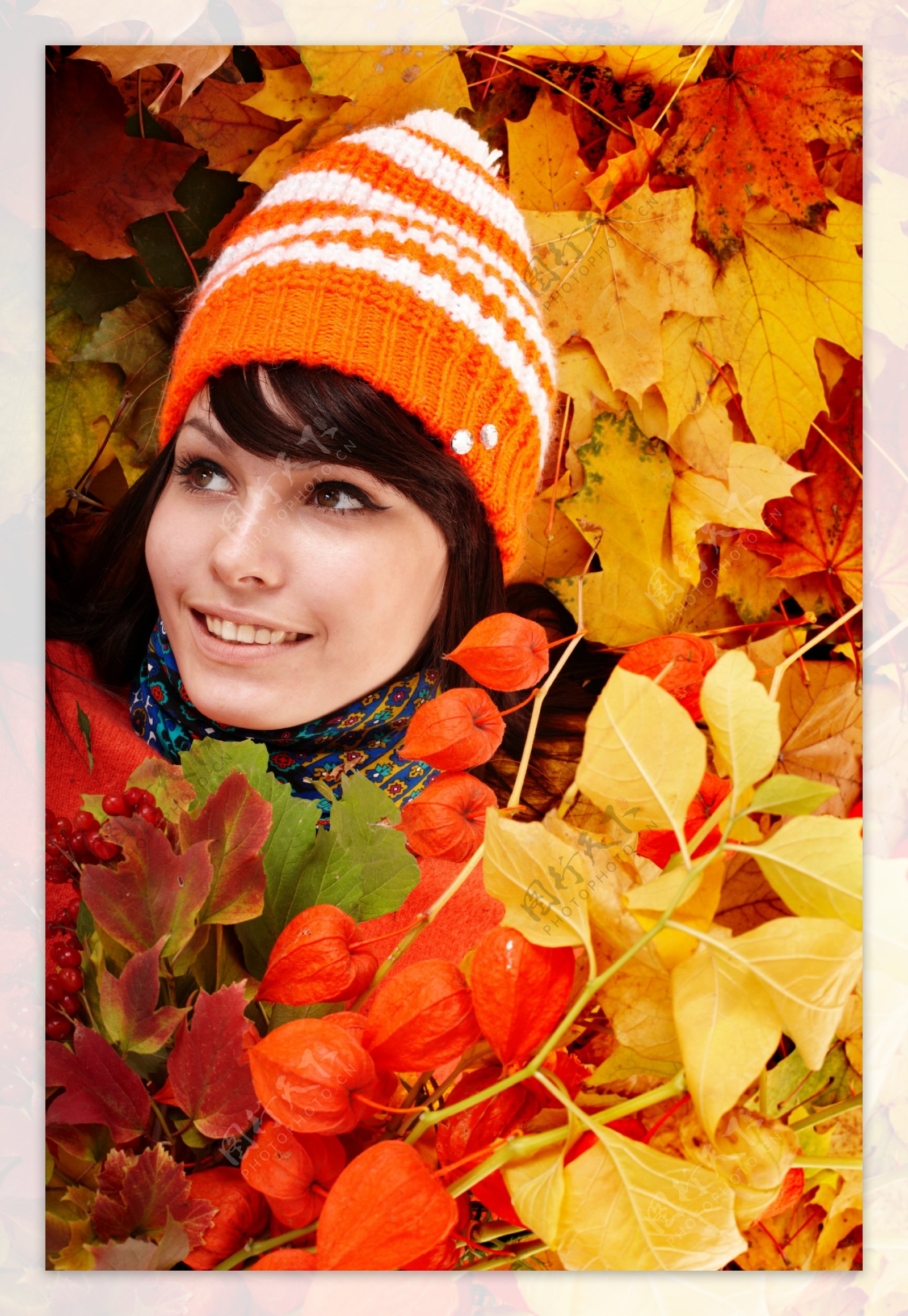 秋季的树叶中的美女图片