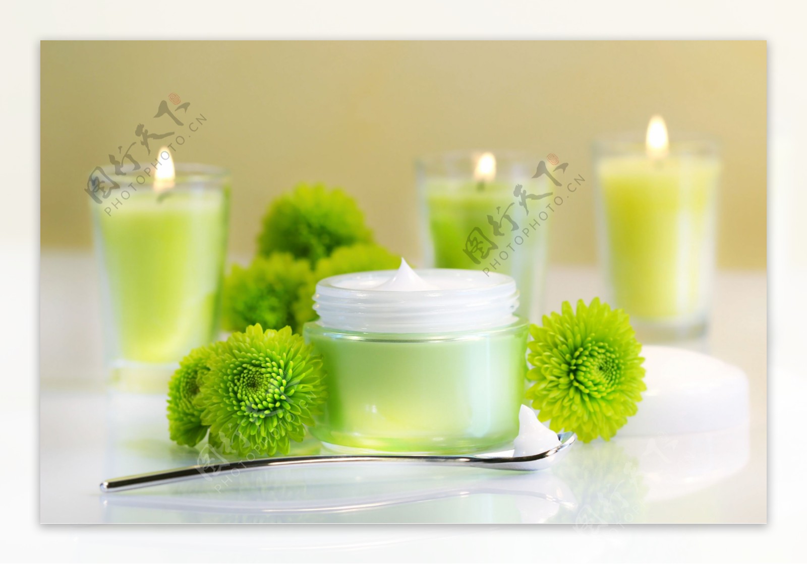 绿色菊花蜡烛与水润霜图片