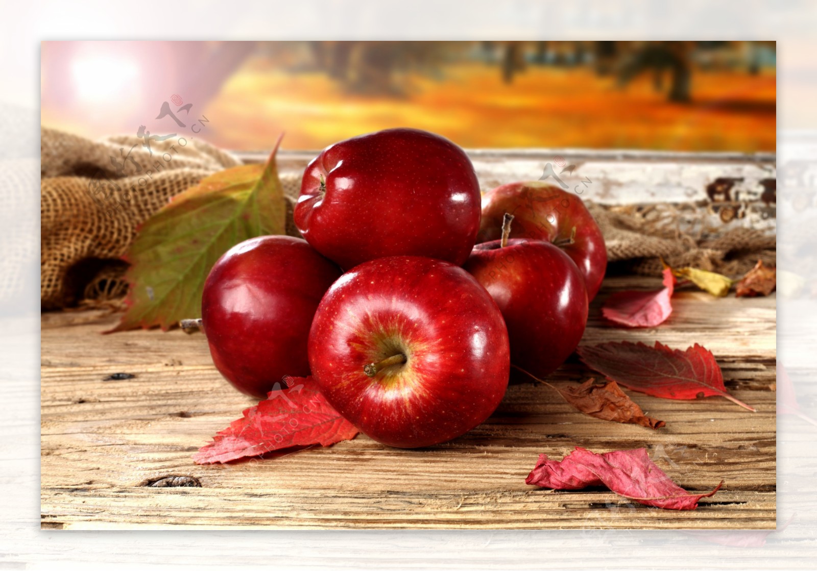 木板上的红苹果