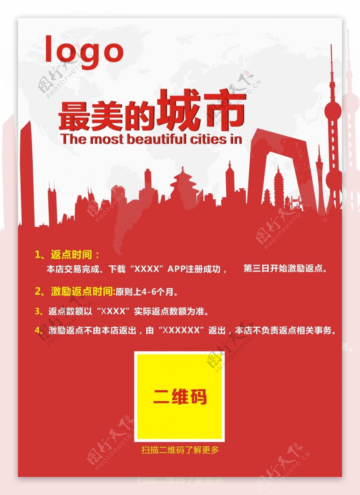 最美城市的一张城市剪影及红色背景海报设计