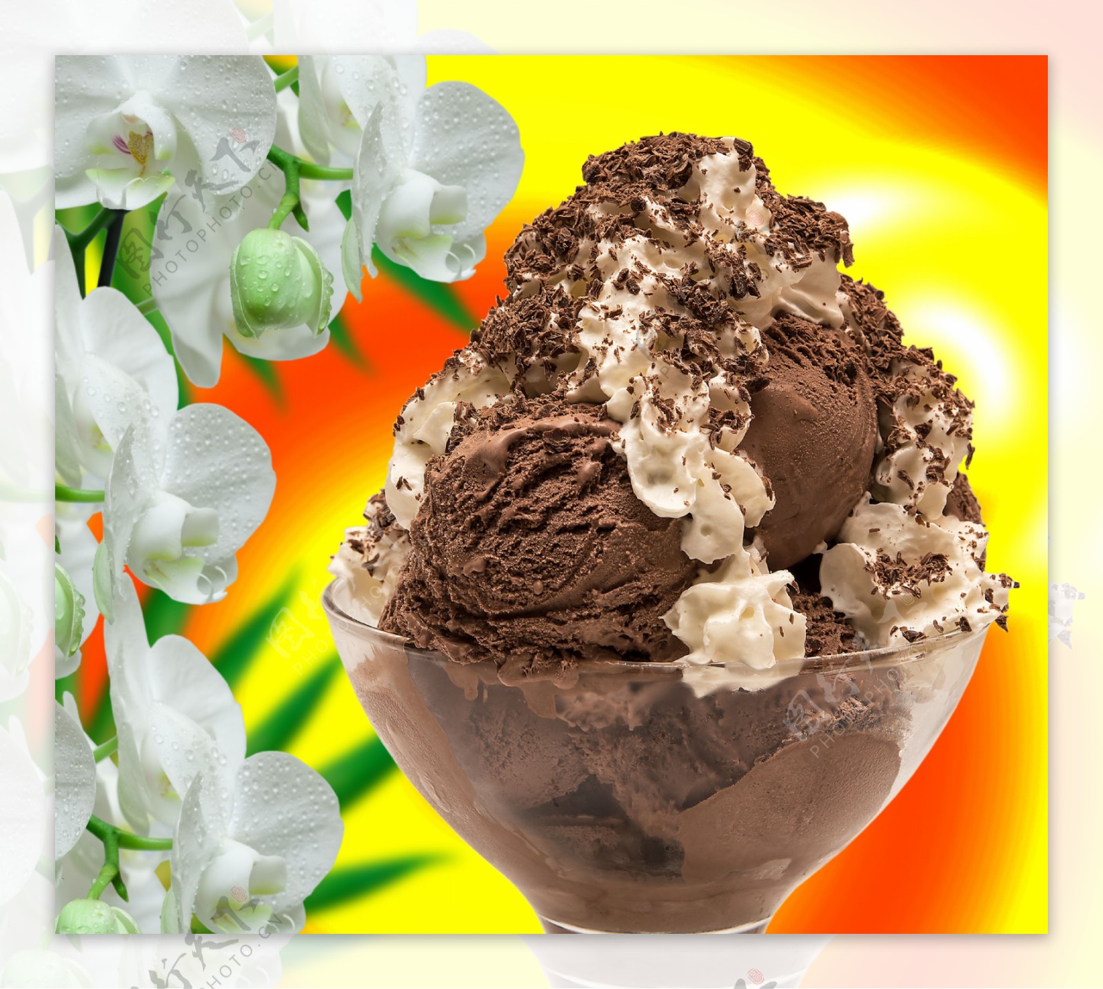 鲜花与巧克力冰淇淋图片