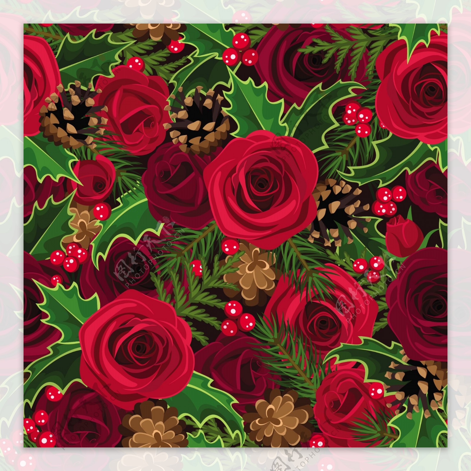 红玫瑰和枸骨无缝背景图片