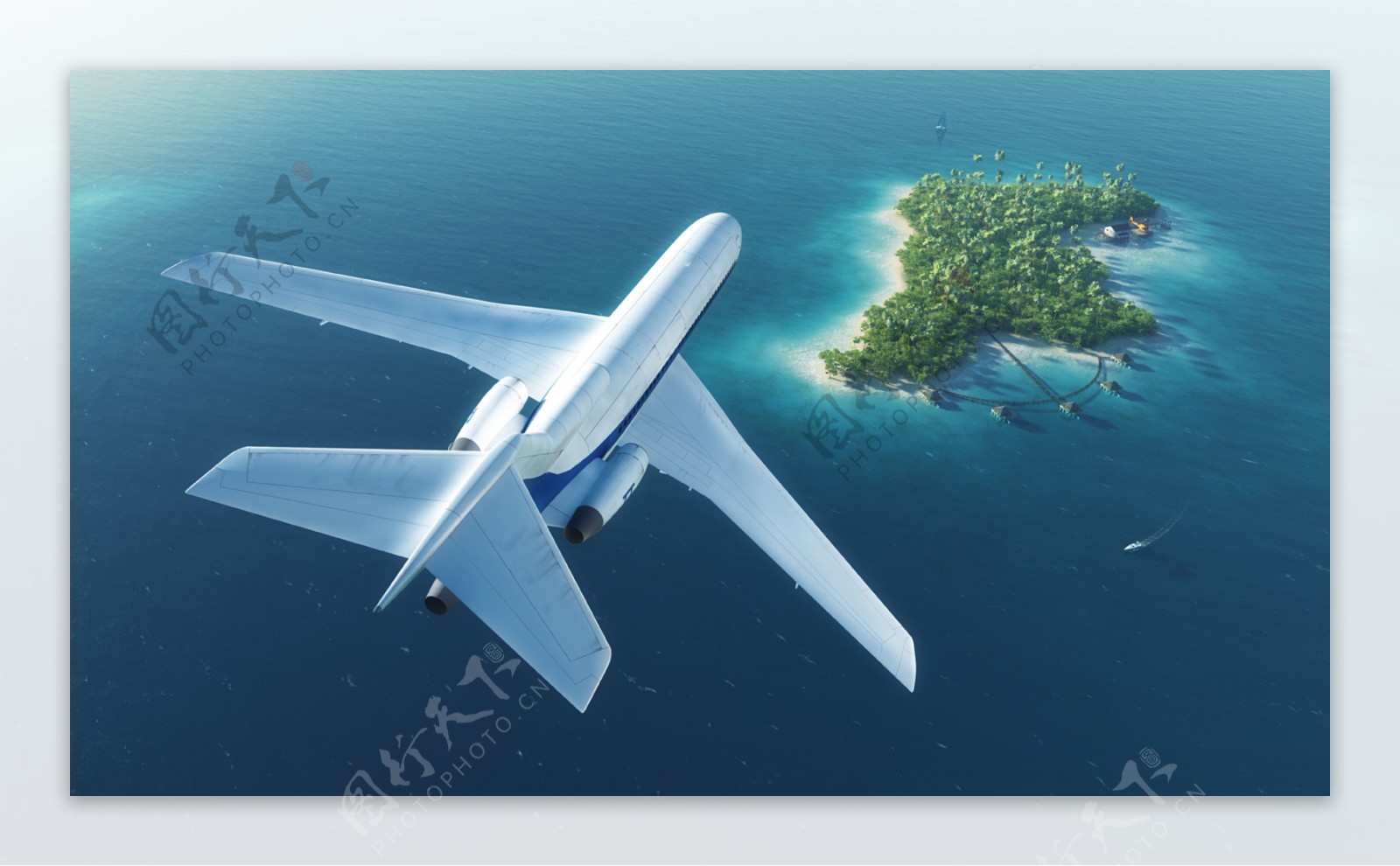 飞机与小岛风景图片