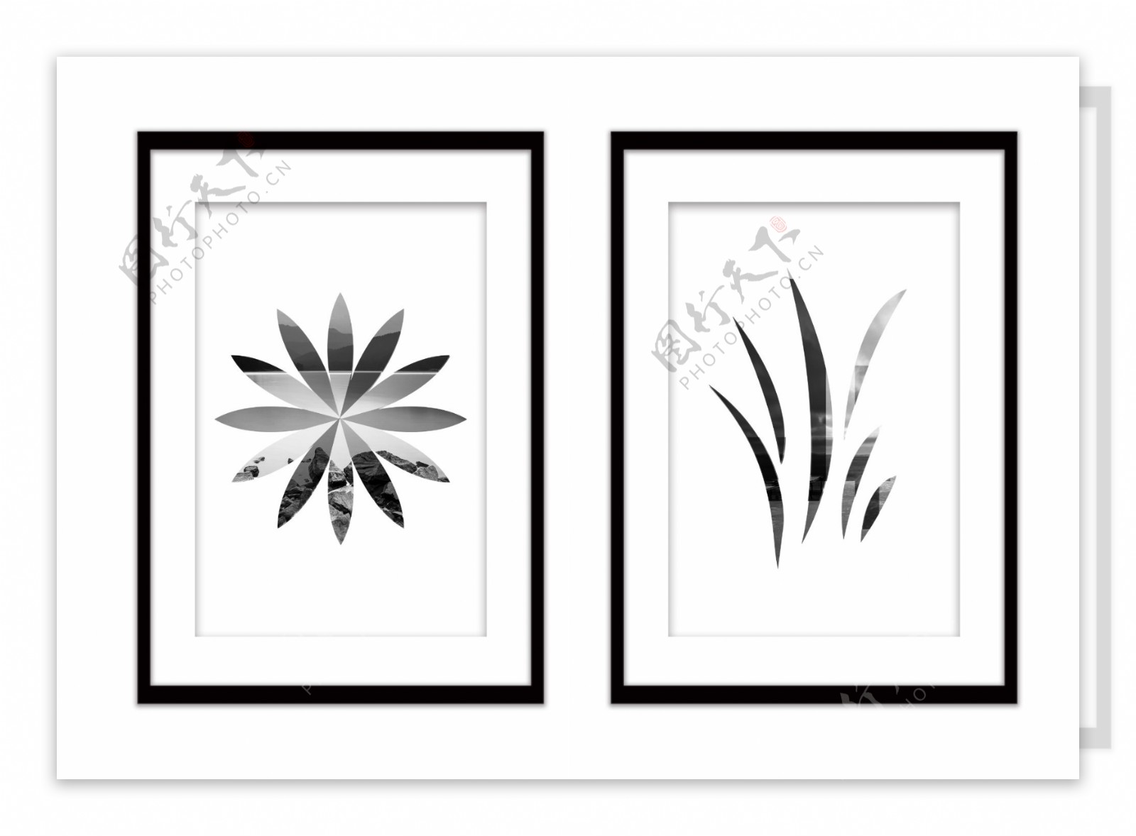 黑白几何花和草形状风景双拼现代装饰画