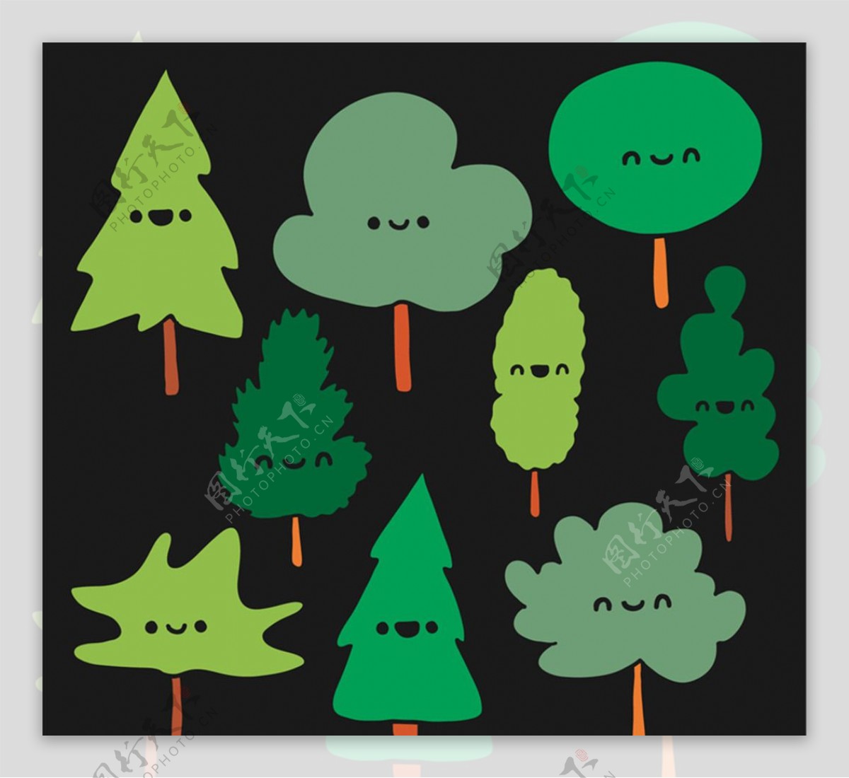 卡通表情树木设计矢量素材