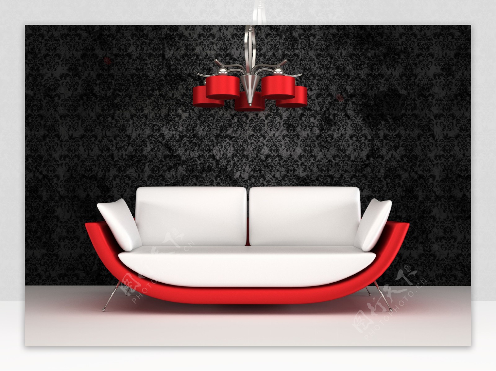 红色水晶吊灯和沙发椅效果图图片