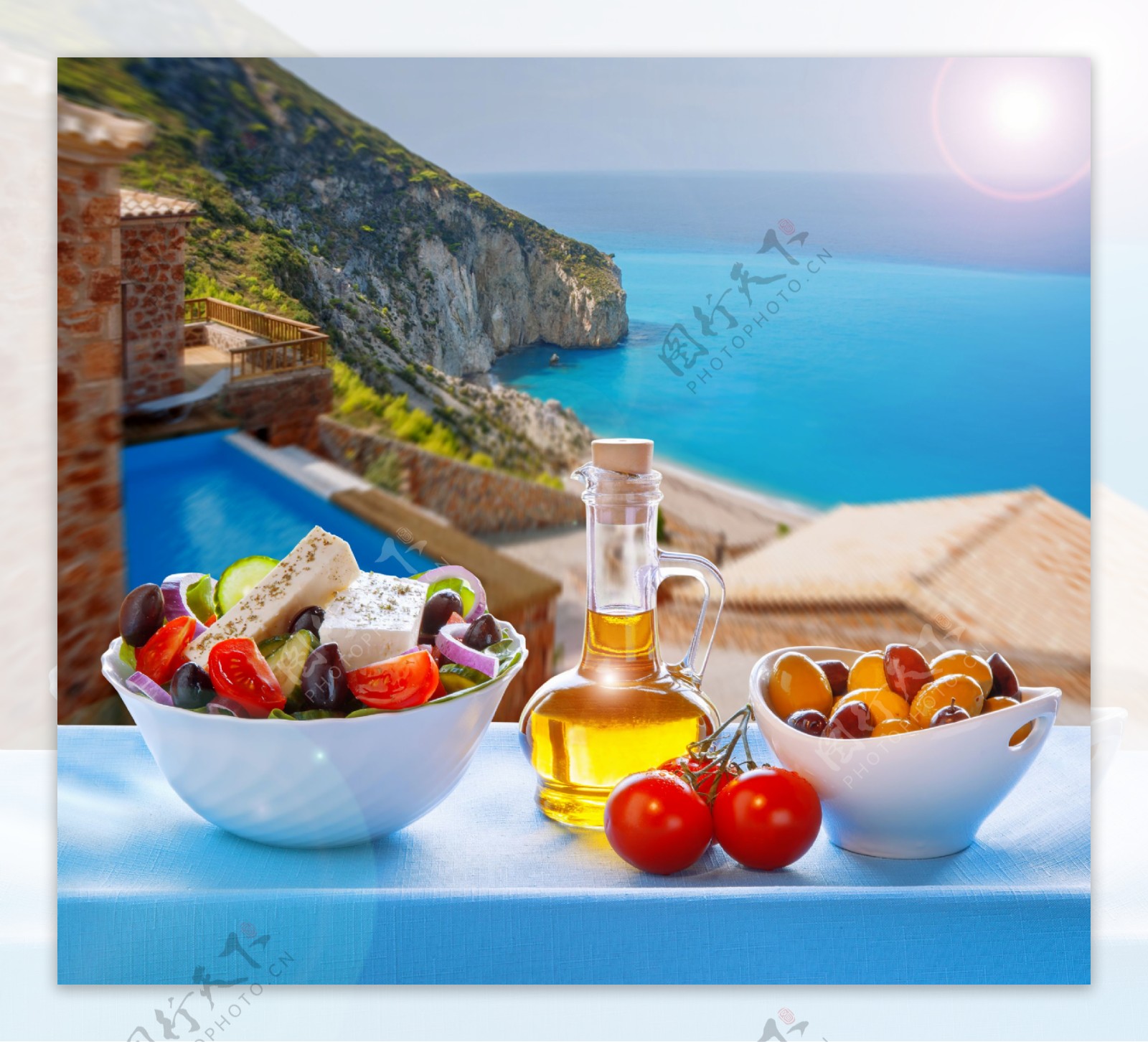 希腊爱情海风景与食物图片