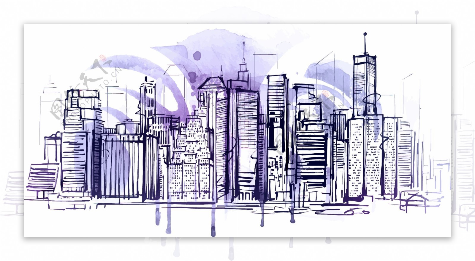 香港城市水彩简笔画矢量图