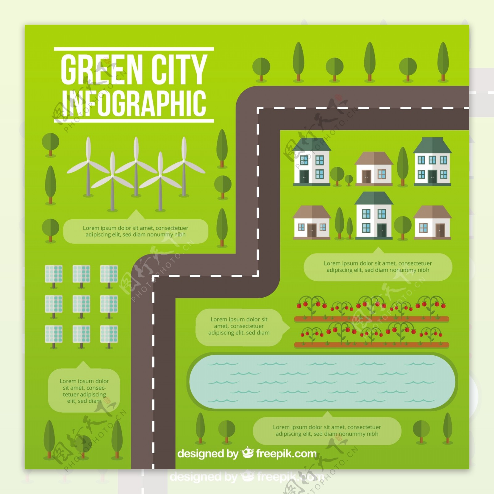 在平坦的道路infography绿色城市设计