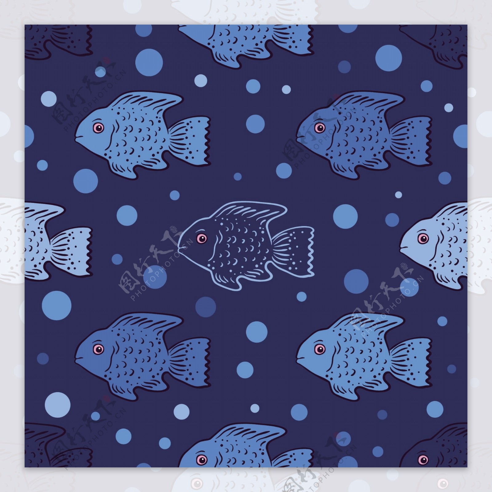 蓝色手绘鱼类装饰图案