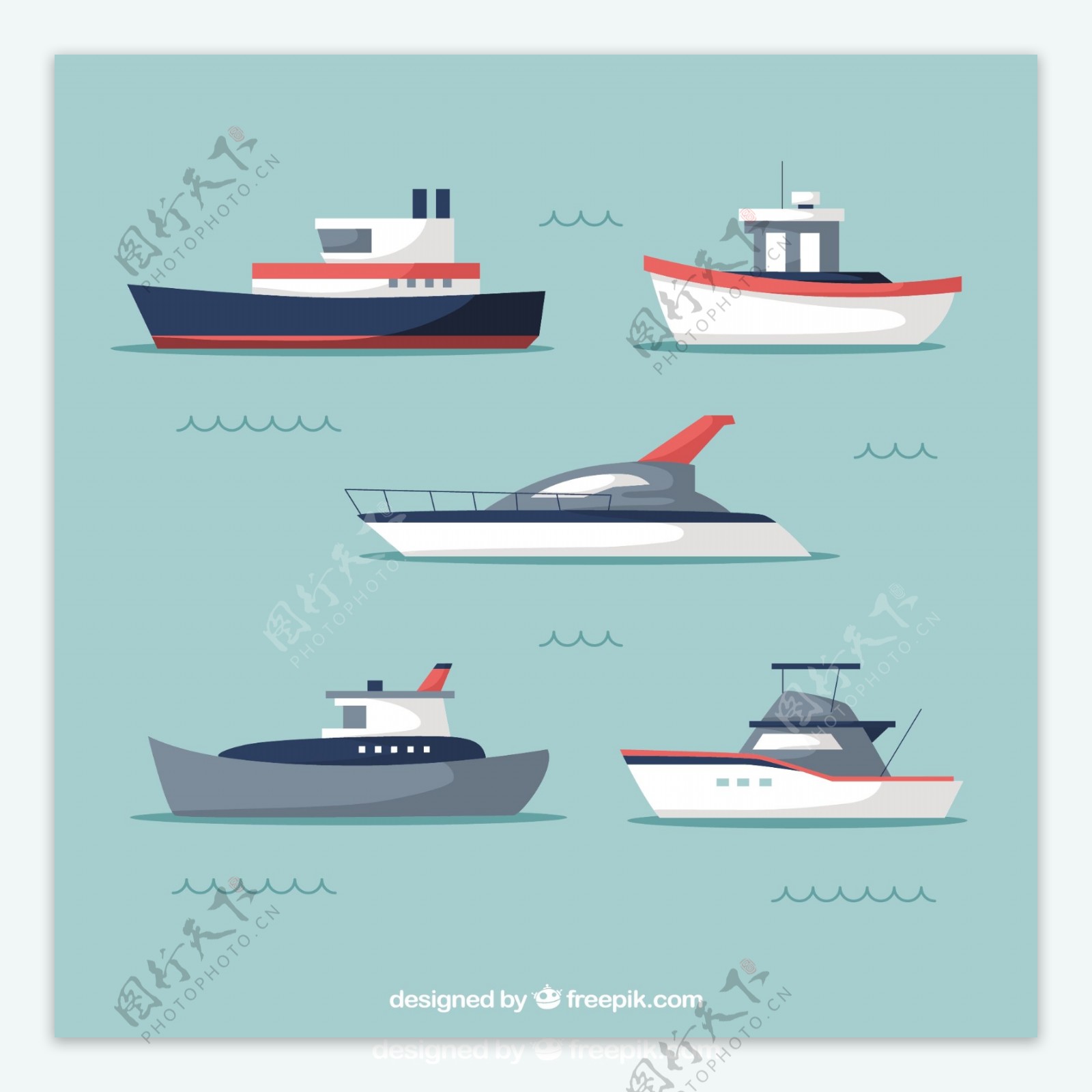 手绘扁平风格五艘现代小船