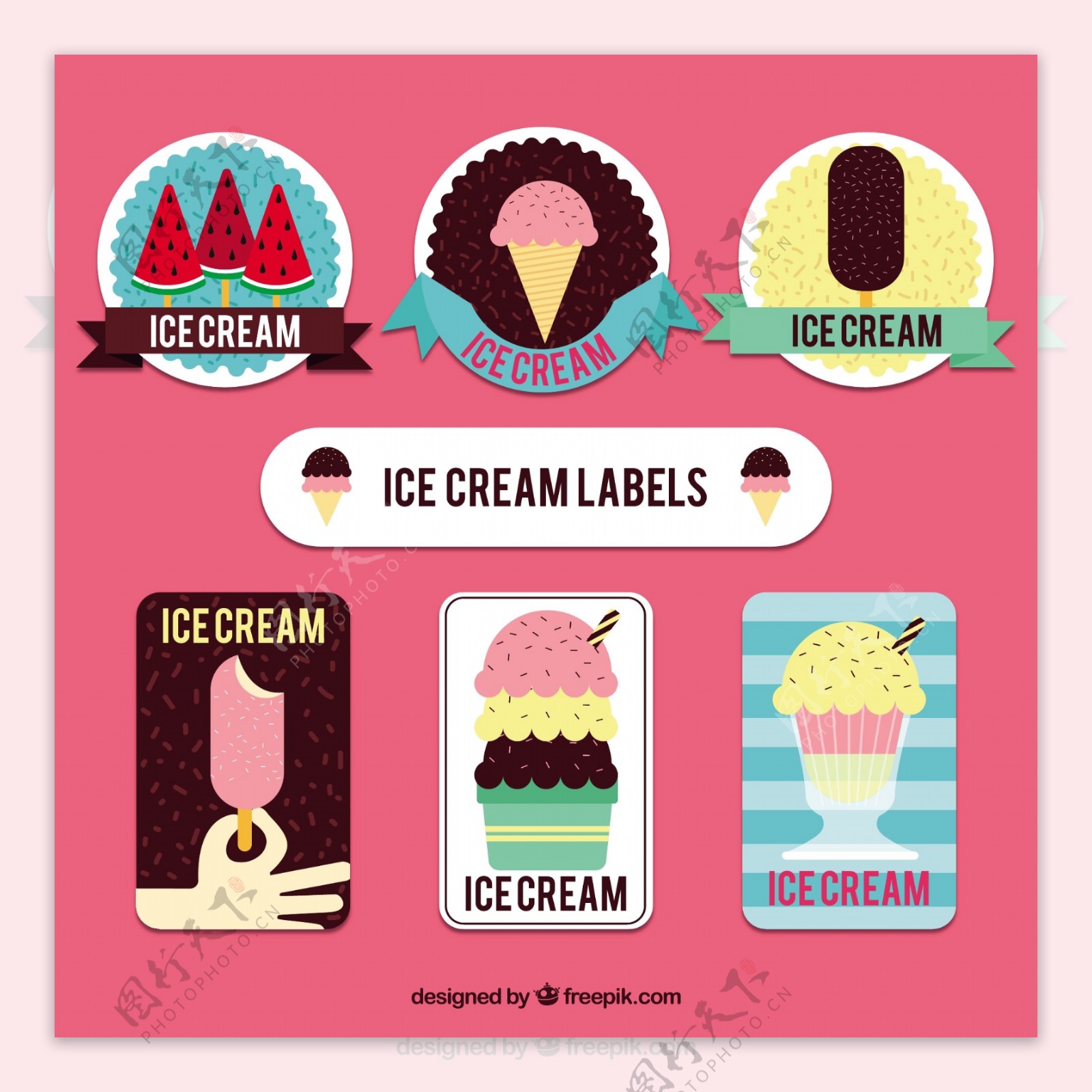 复古风格各种冰淇淋标签贴纸图标