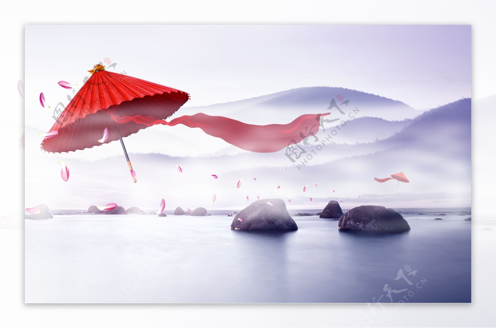 中国风红伞山水意境