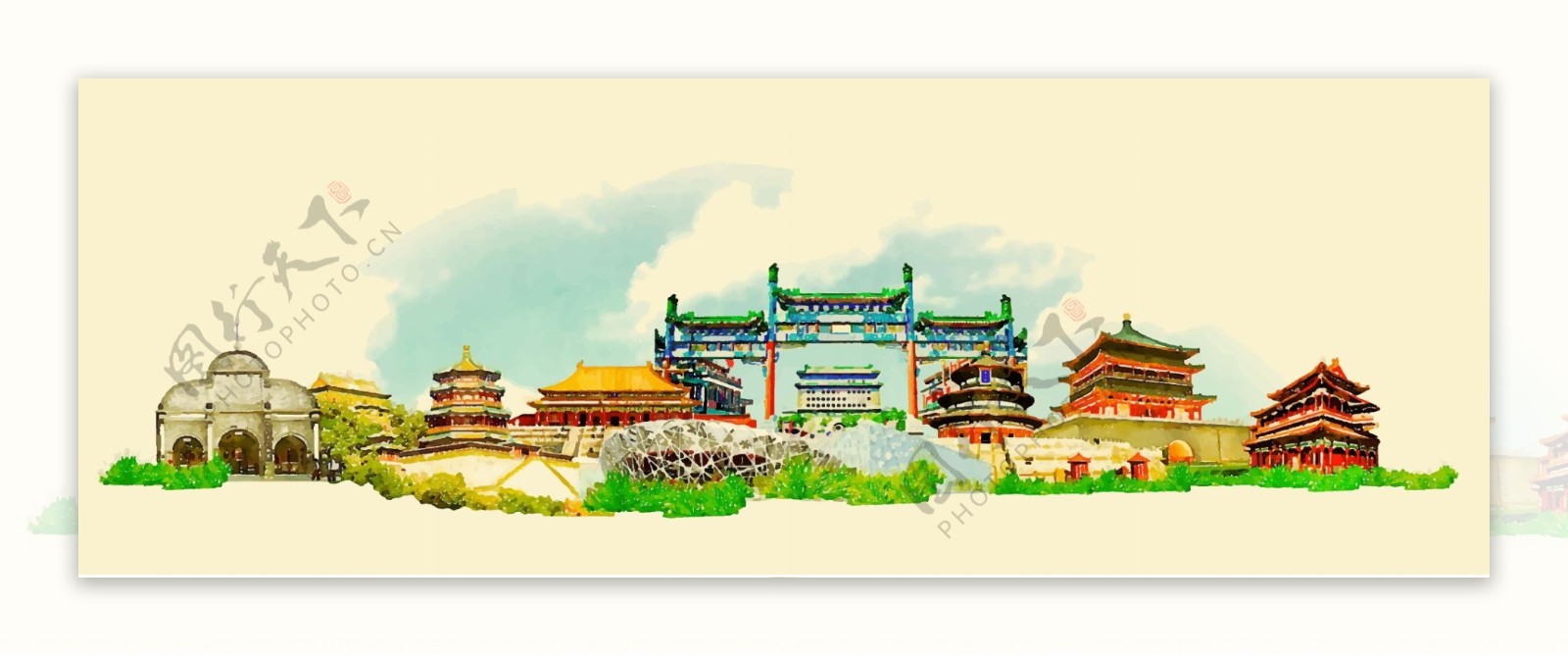 水彩绘中国旅行插画