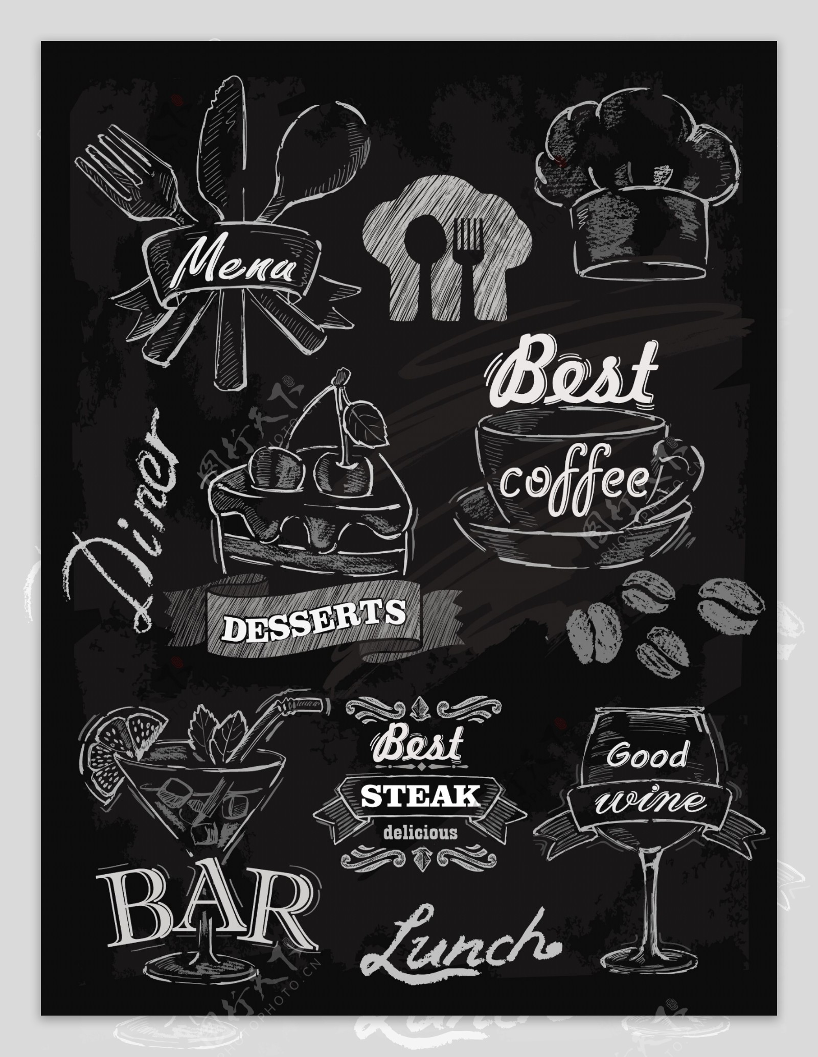 简约手绘欧美黑板风矢量餐饮餐厅线稿素材