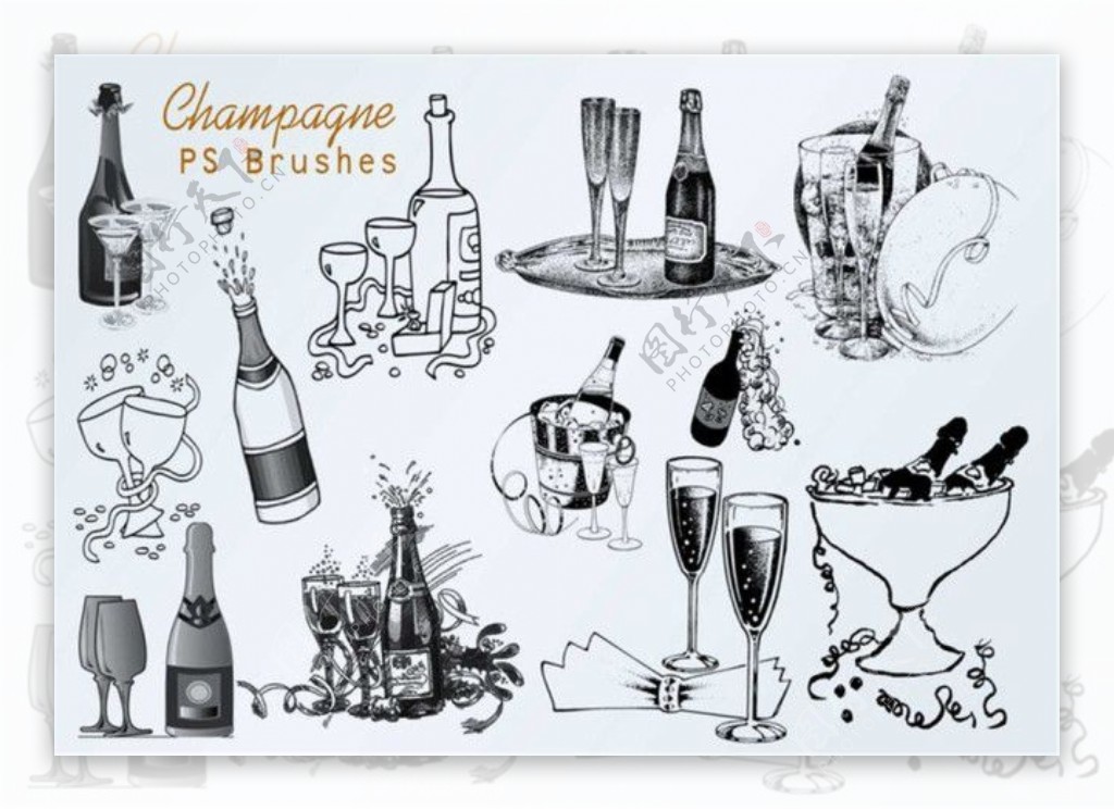 20种香槟图形酒瓶与酒杯Photoshop笔刷素材