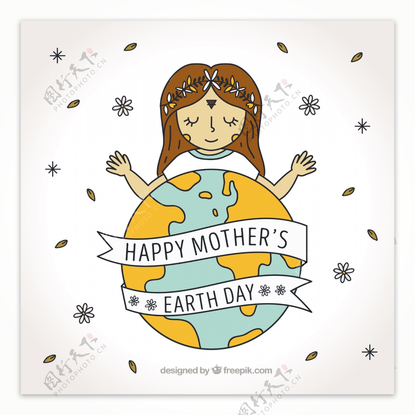 地球母亲日背景与手绘女孩和装饰花