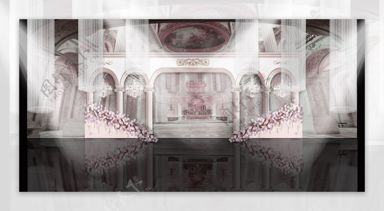 爱在罗马宫廷风浪漫水粉欧式婚礼背景墙舞台效果图