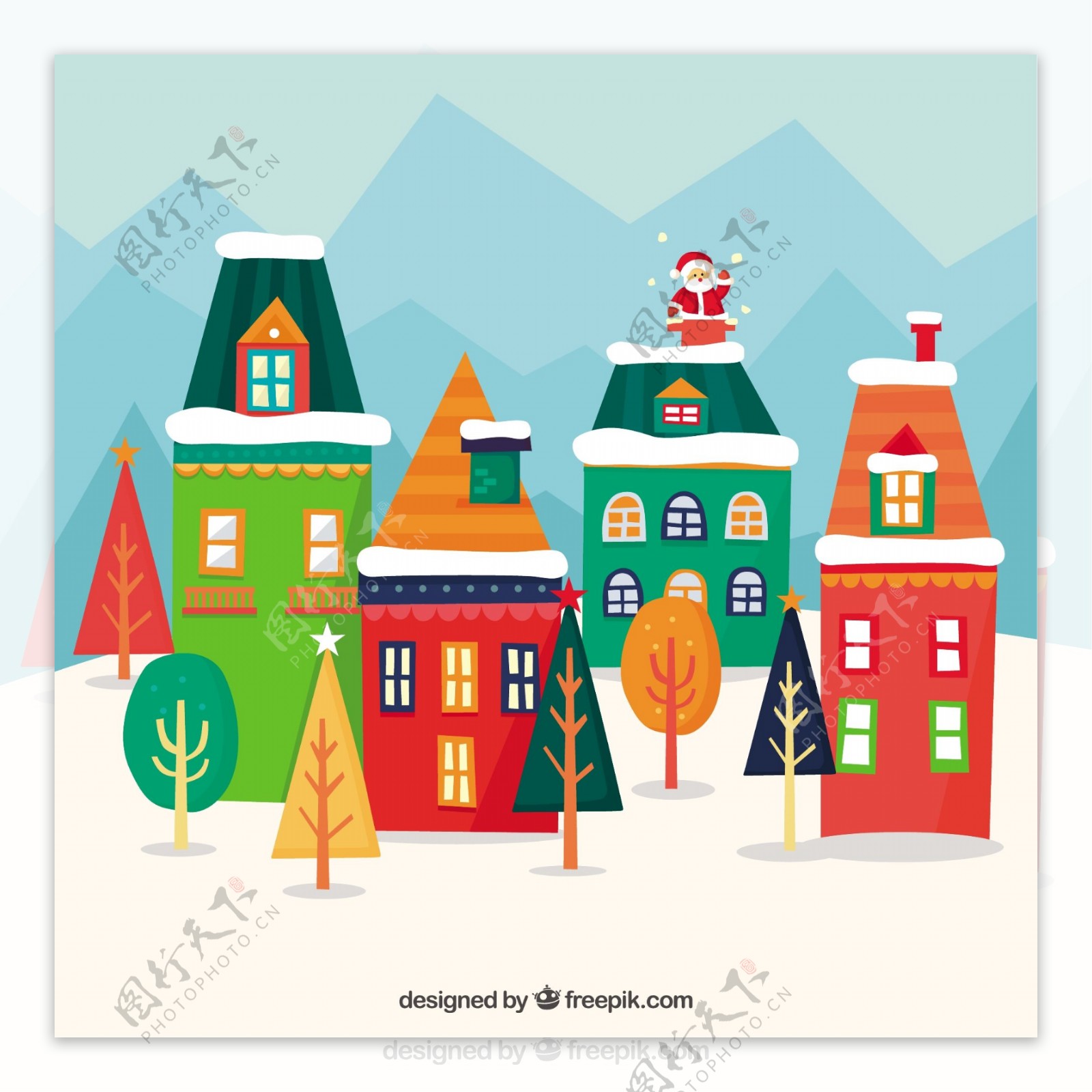 几何房屋与圣诞彩色背景