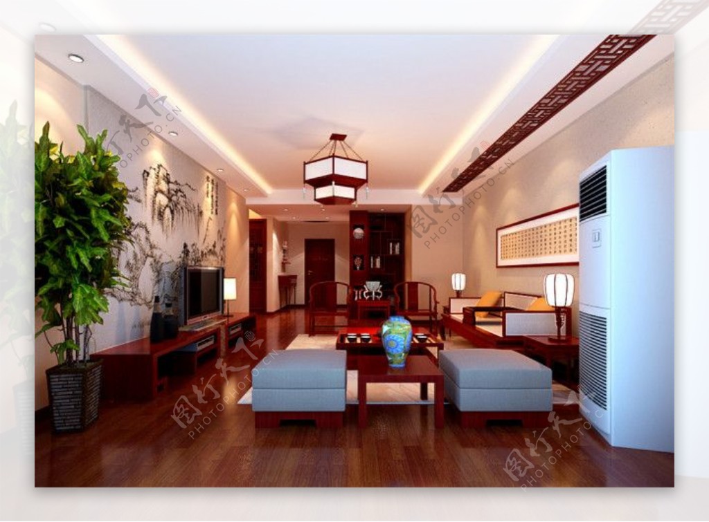 中式客厅3D模型室内装饰模型