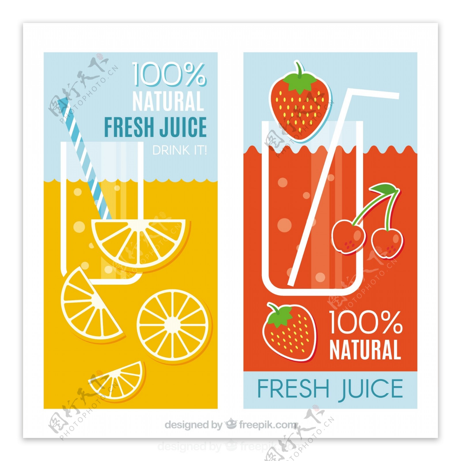 橙色橙汁和草莓汁的扁平风格横幅背景