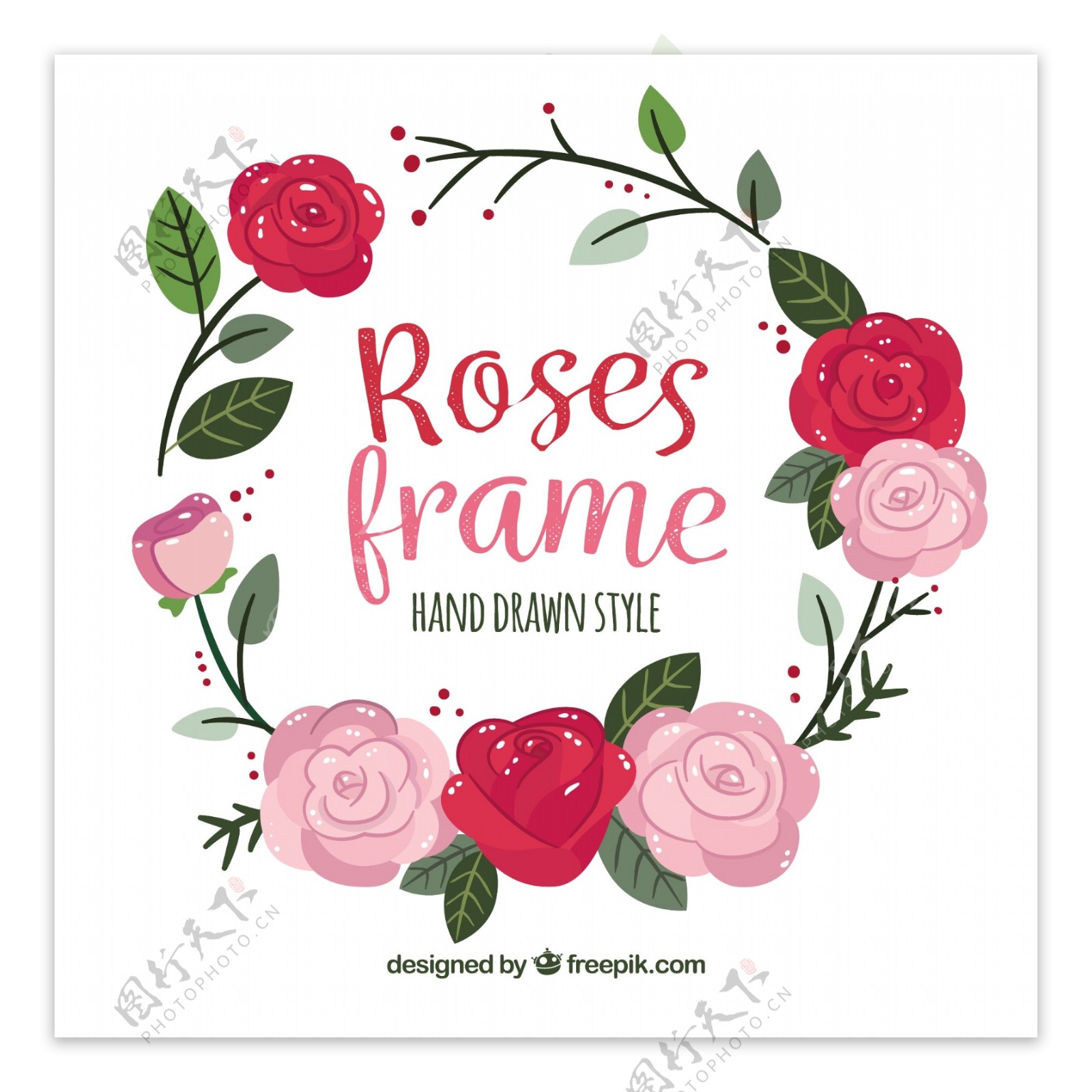 手绘风格玫瑰装饰图案边框背景矢量素材