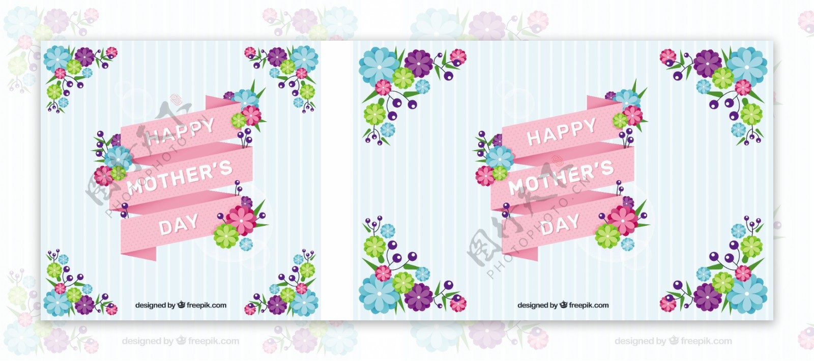 条纹背景粉红色丝带和彩色花朵母亲节