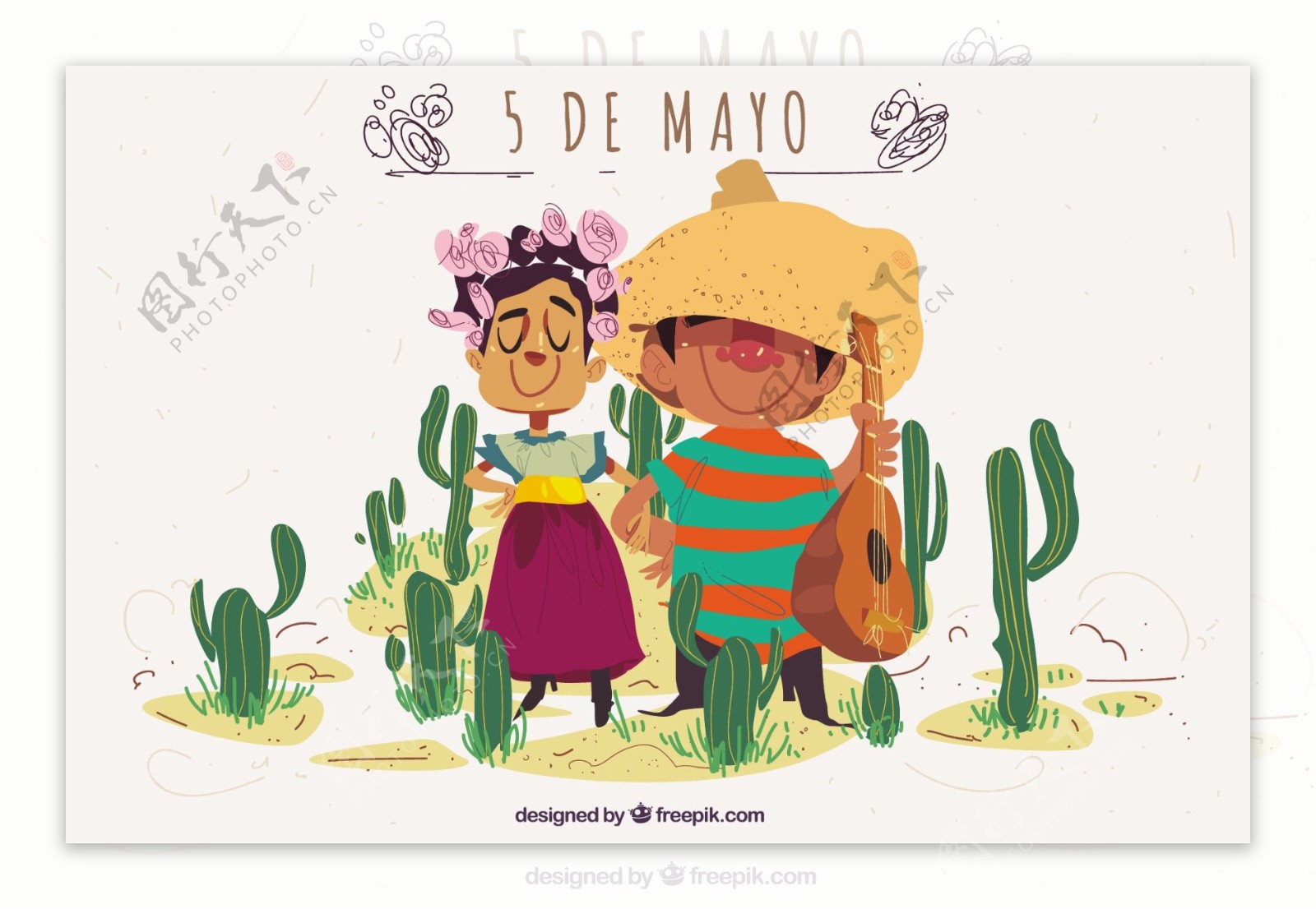 CincodeMayo的背景与可爱的墨西哥夫妇和仙人掌