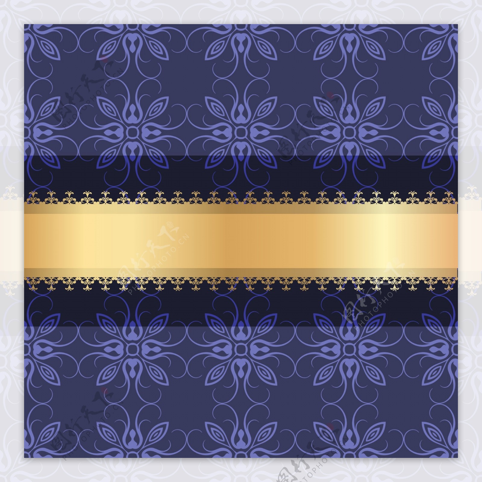 蓝紫色花纹装饰与金色背景矢量素材