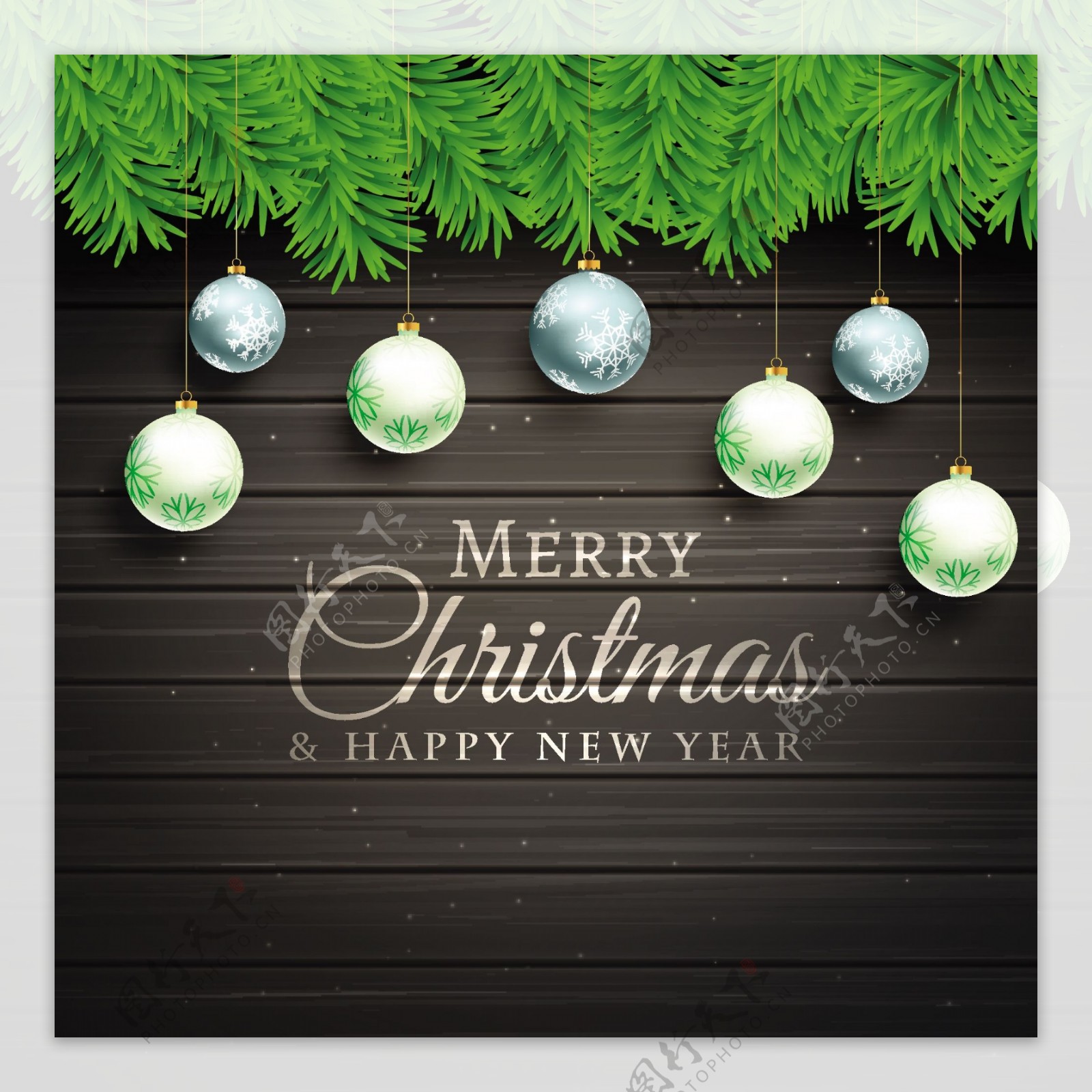 精美圣诞吊球和黑色木板背景贺卡矢量素材
