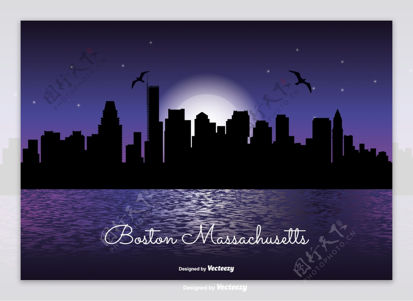 马萨诸塞州天际线夜景插画设计