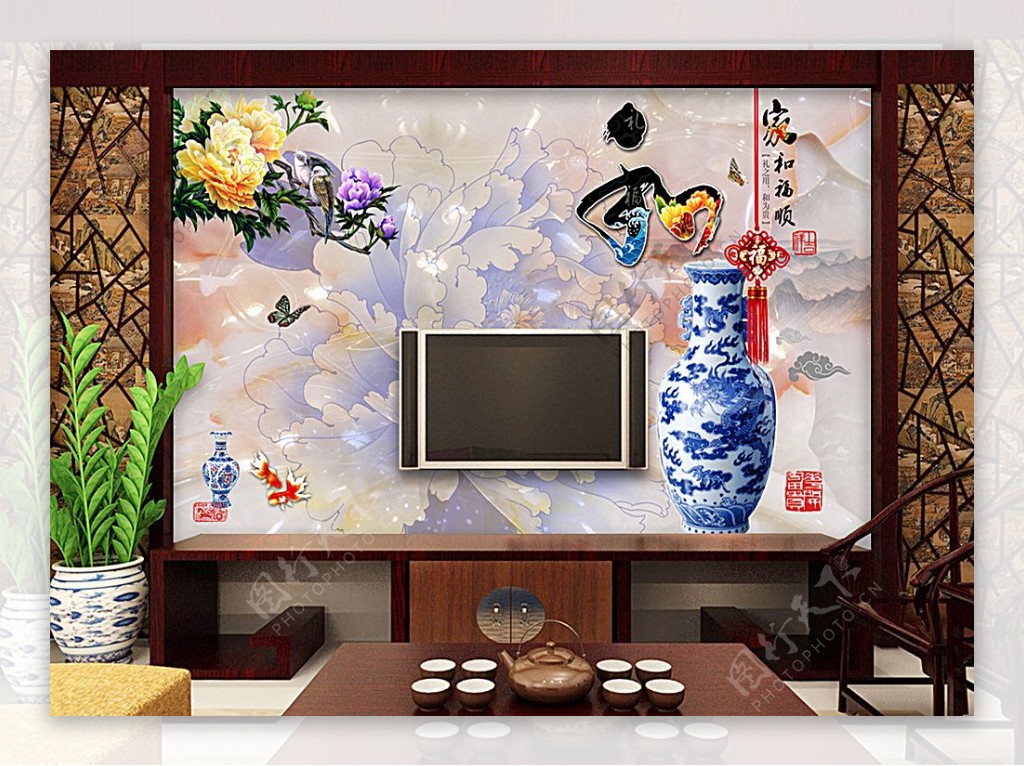 高清电视背景墙玉雕青花瓷家和万图片