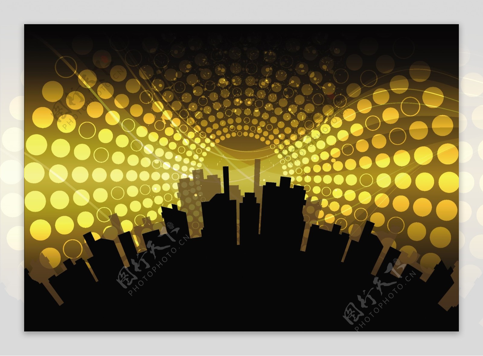黄色圆形和城市剪影背景
