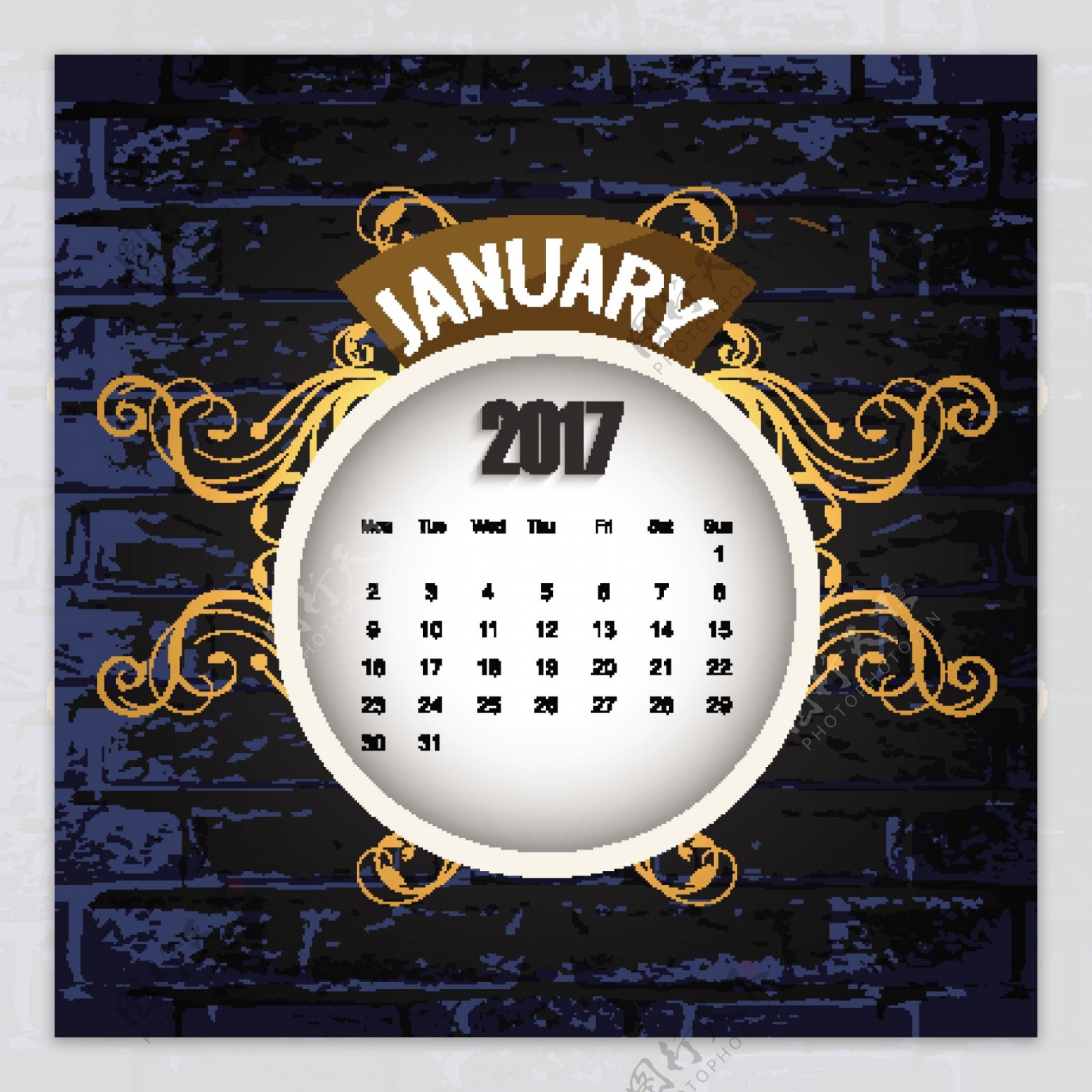 2017年砖墙背景日历
