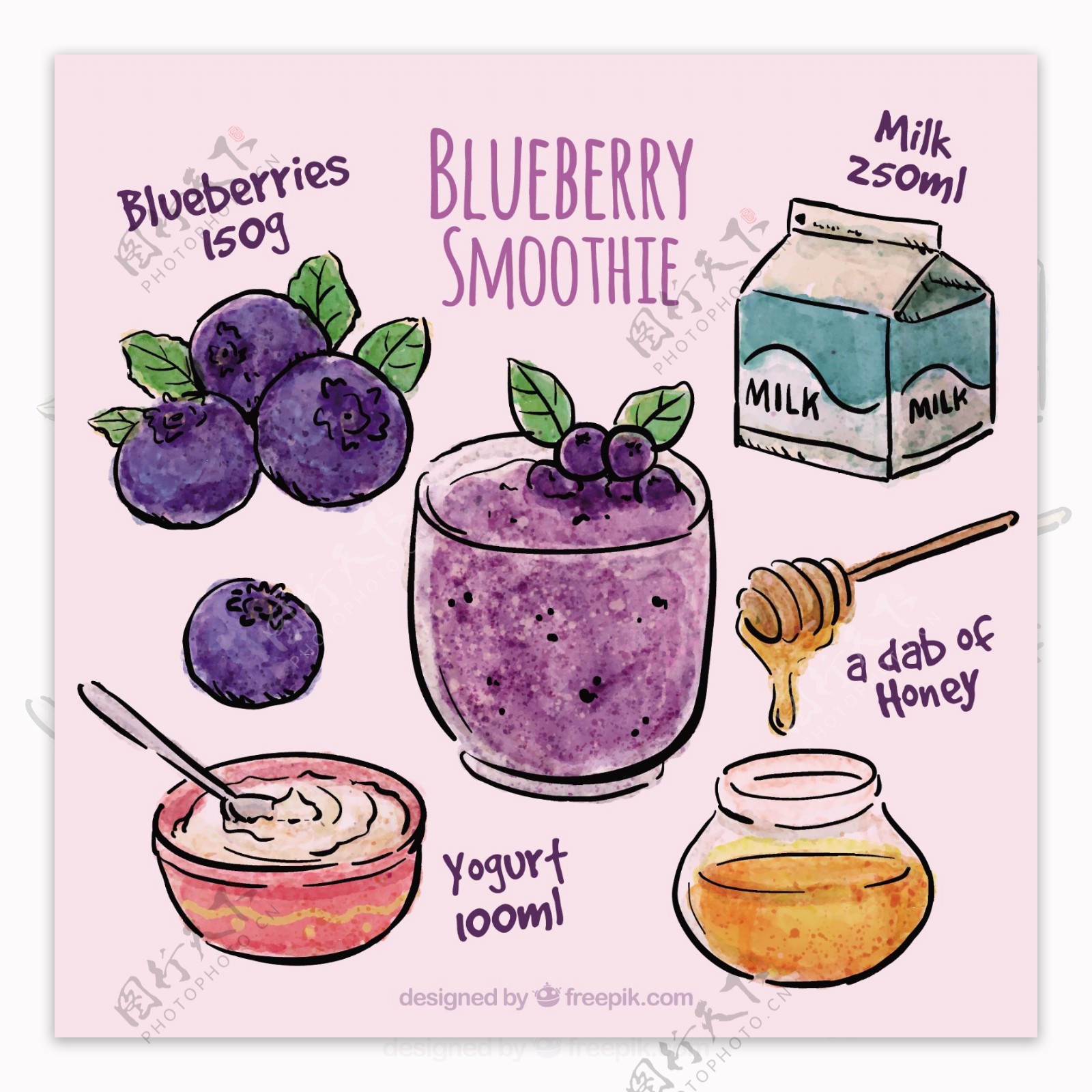 可爱手绘蓝莓奶昔食谱矢量图AI与EPS