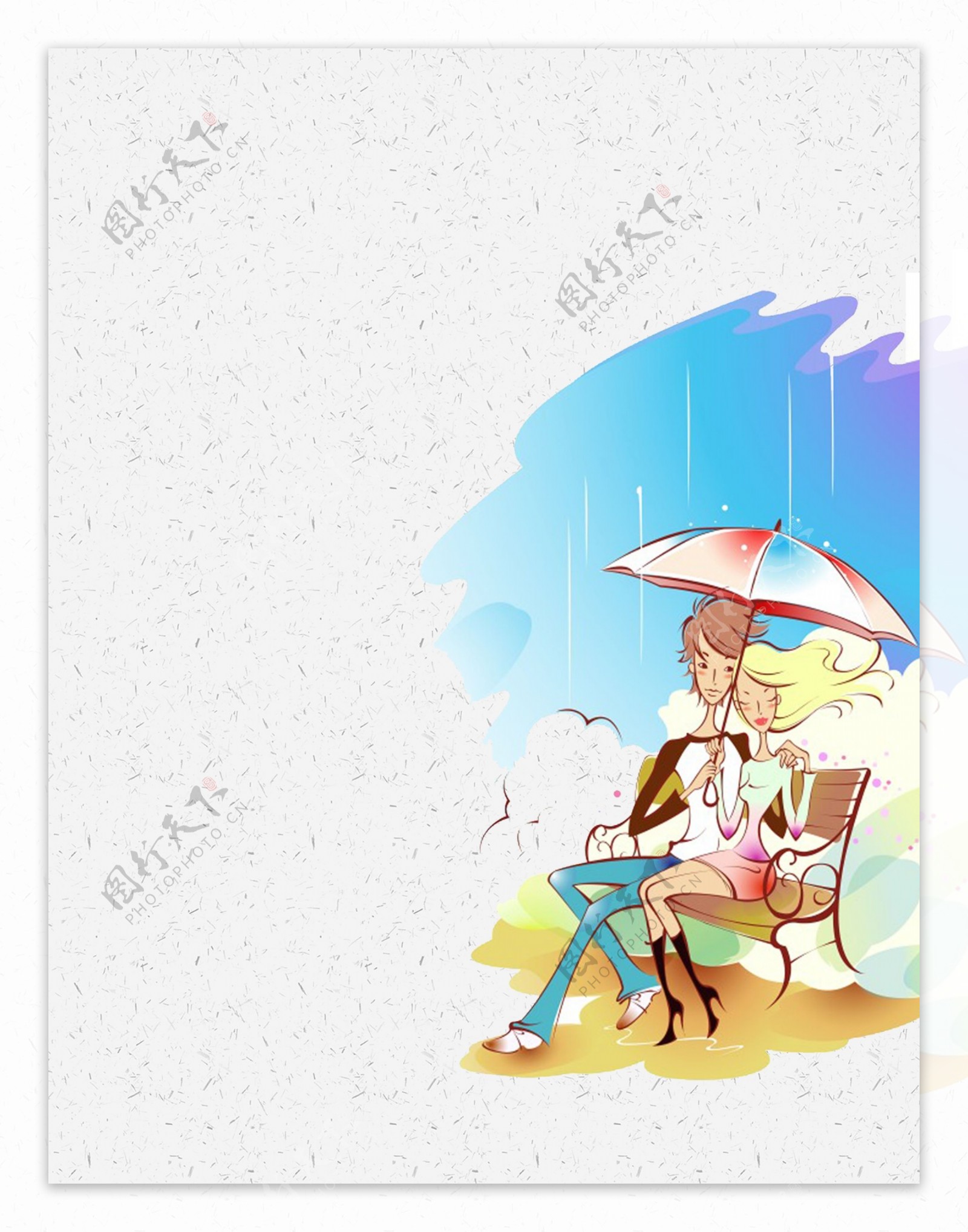 卡通情侣打伞雨天背景