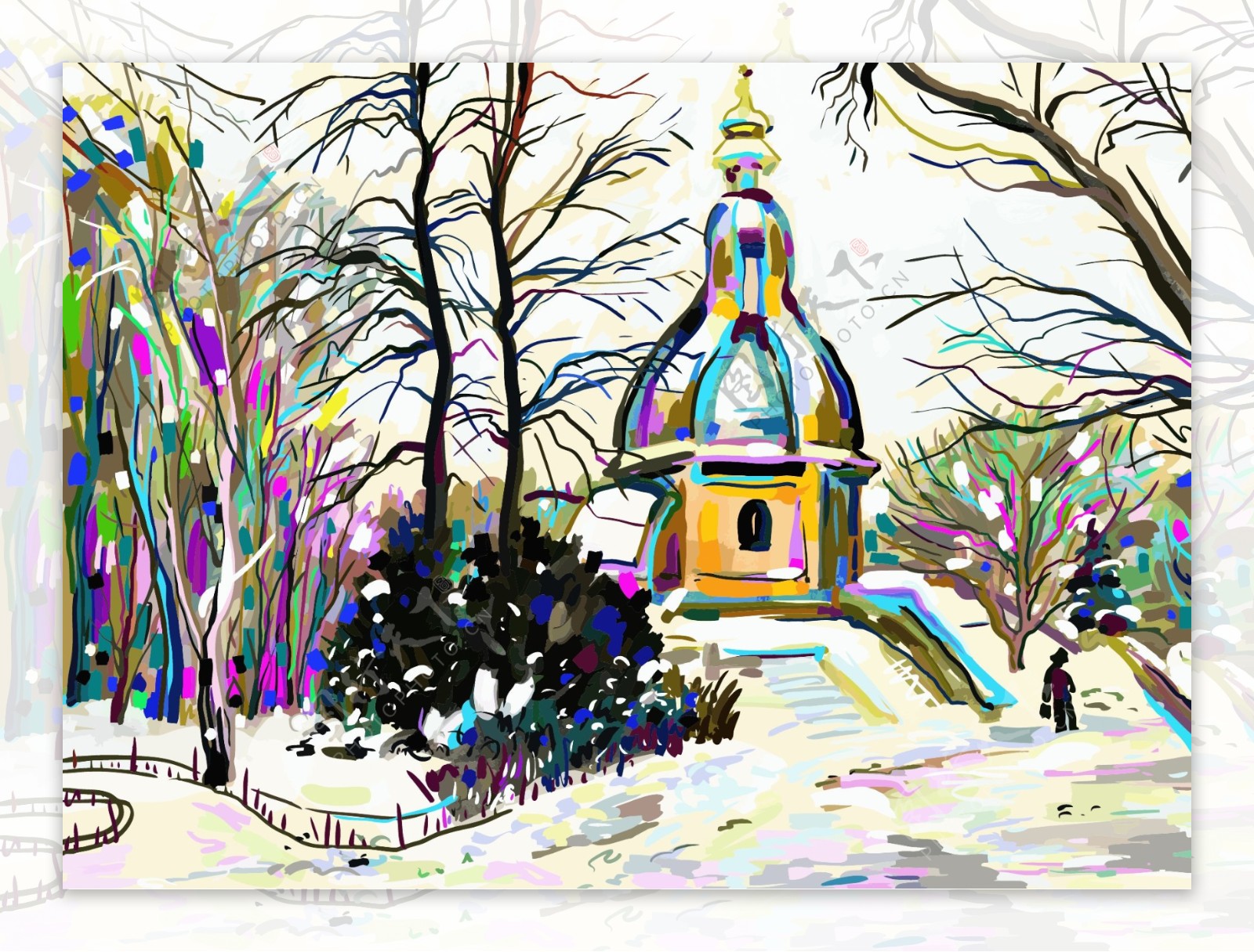 冬天里的城堡风景插画