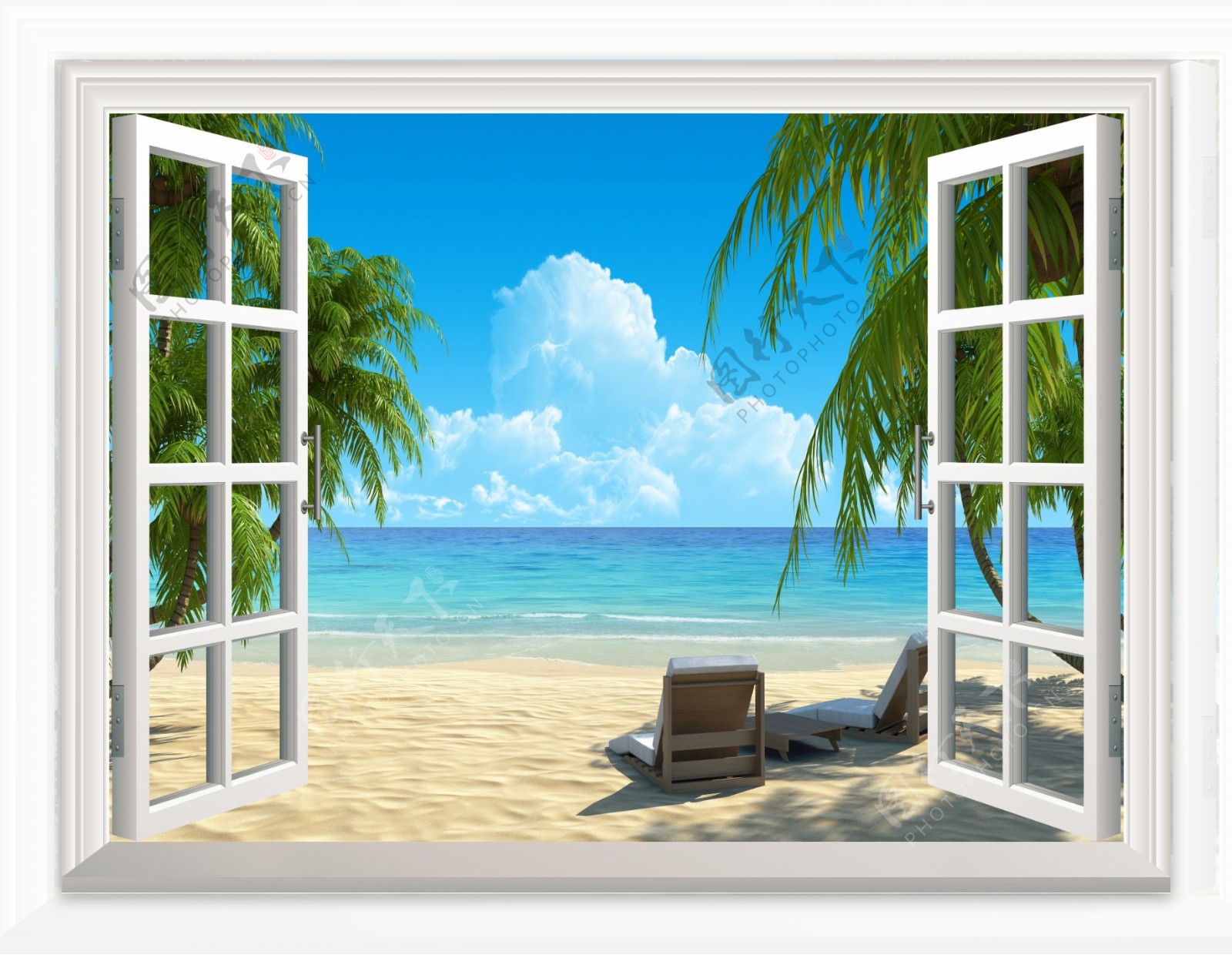 3D窗户大海沙滩椰树