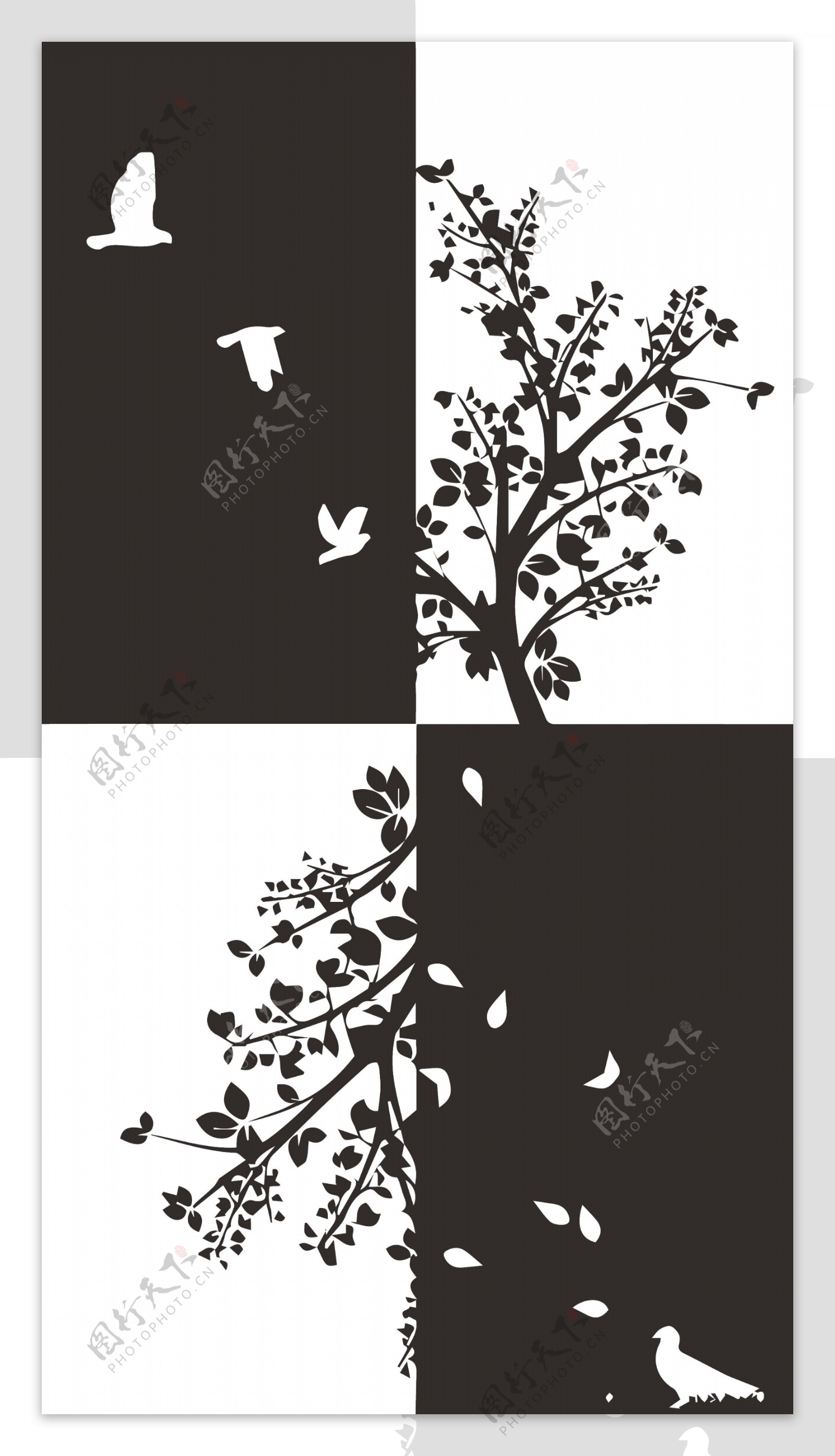 黑白装饰画装饰画风景植物动物底稿黑稿墙画鸟四格装饰画