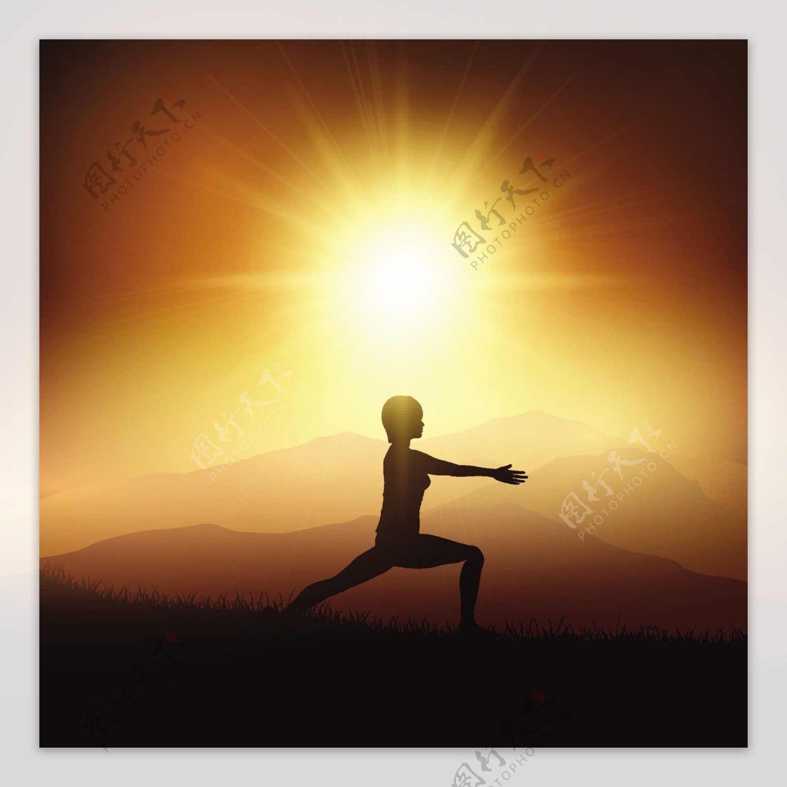 女性在一个瑜伽姿势中的轮廓以对抗落日的风景