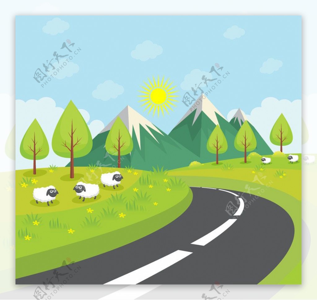郊外公路风景和绵羊矢量图