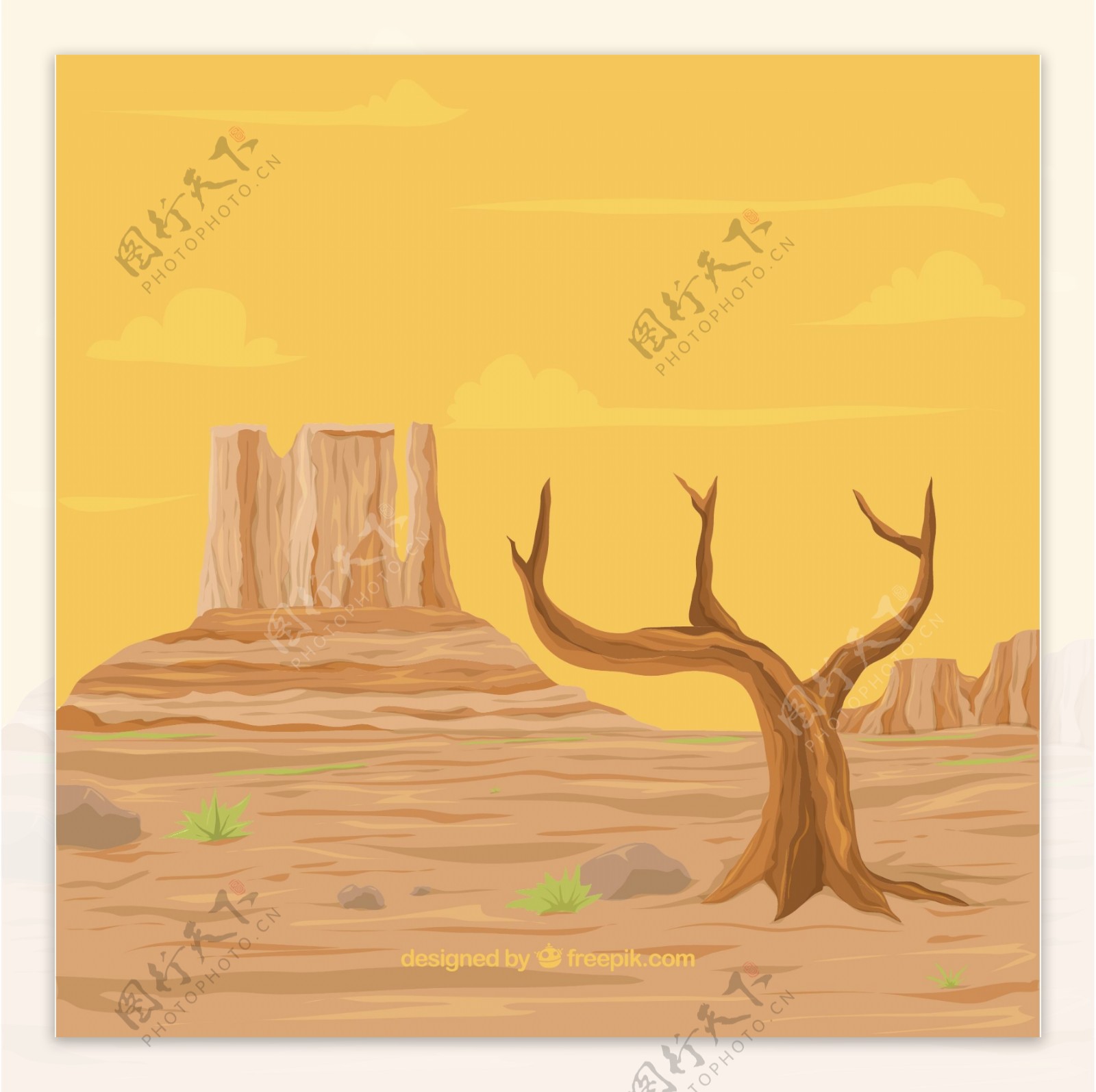 卡通沙漠背景与干树