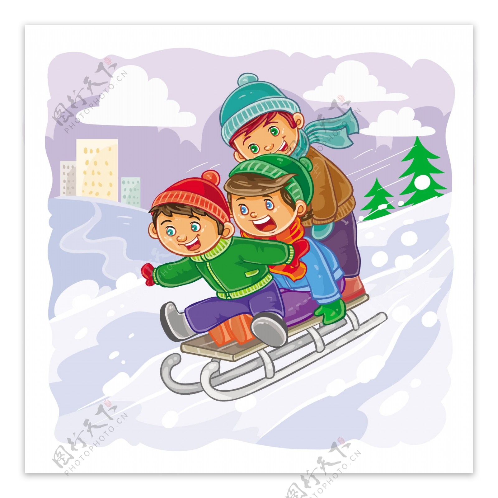 三个小男孩滚在一起从山上的雪橇