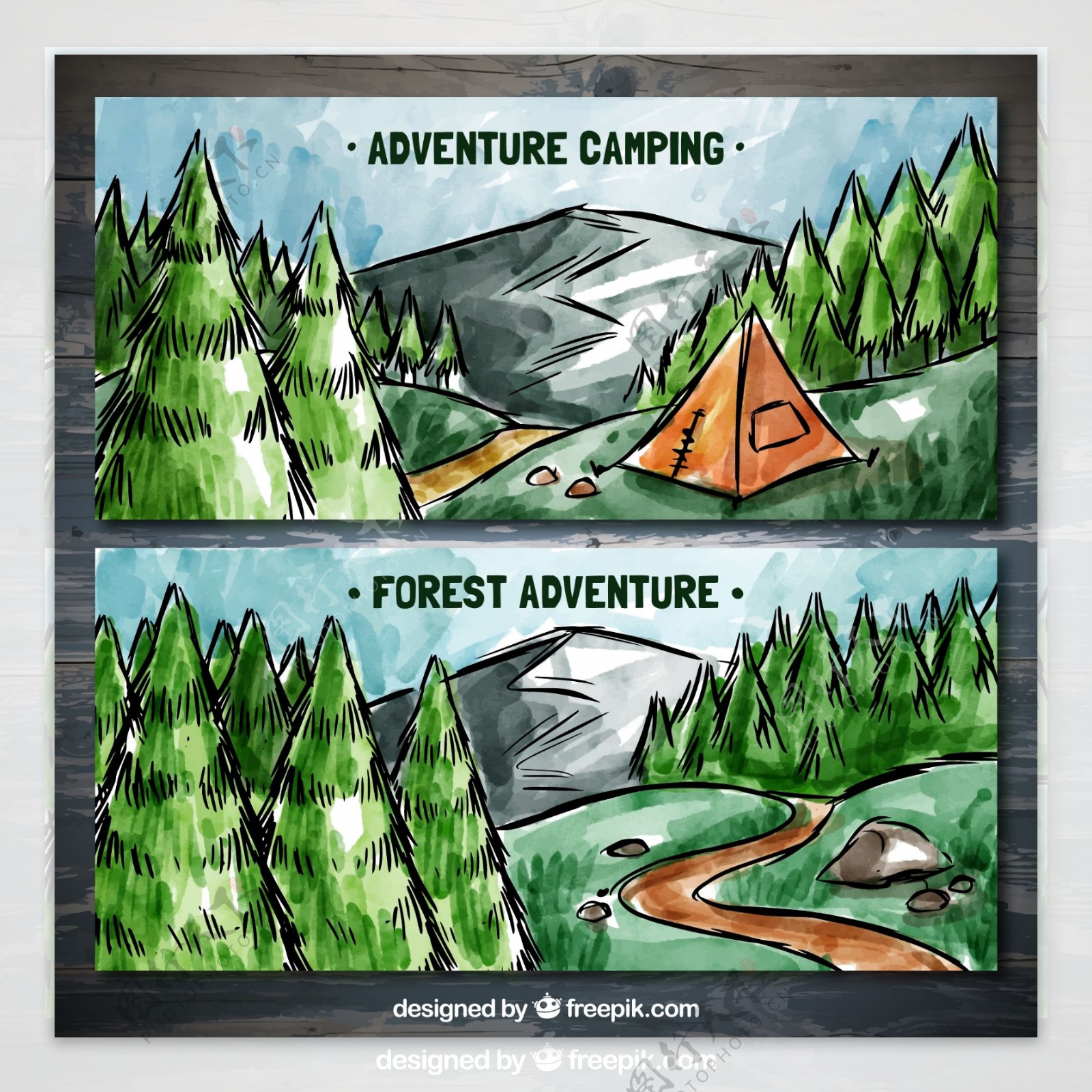 2款彩绘森林探险风景矢量图