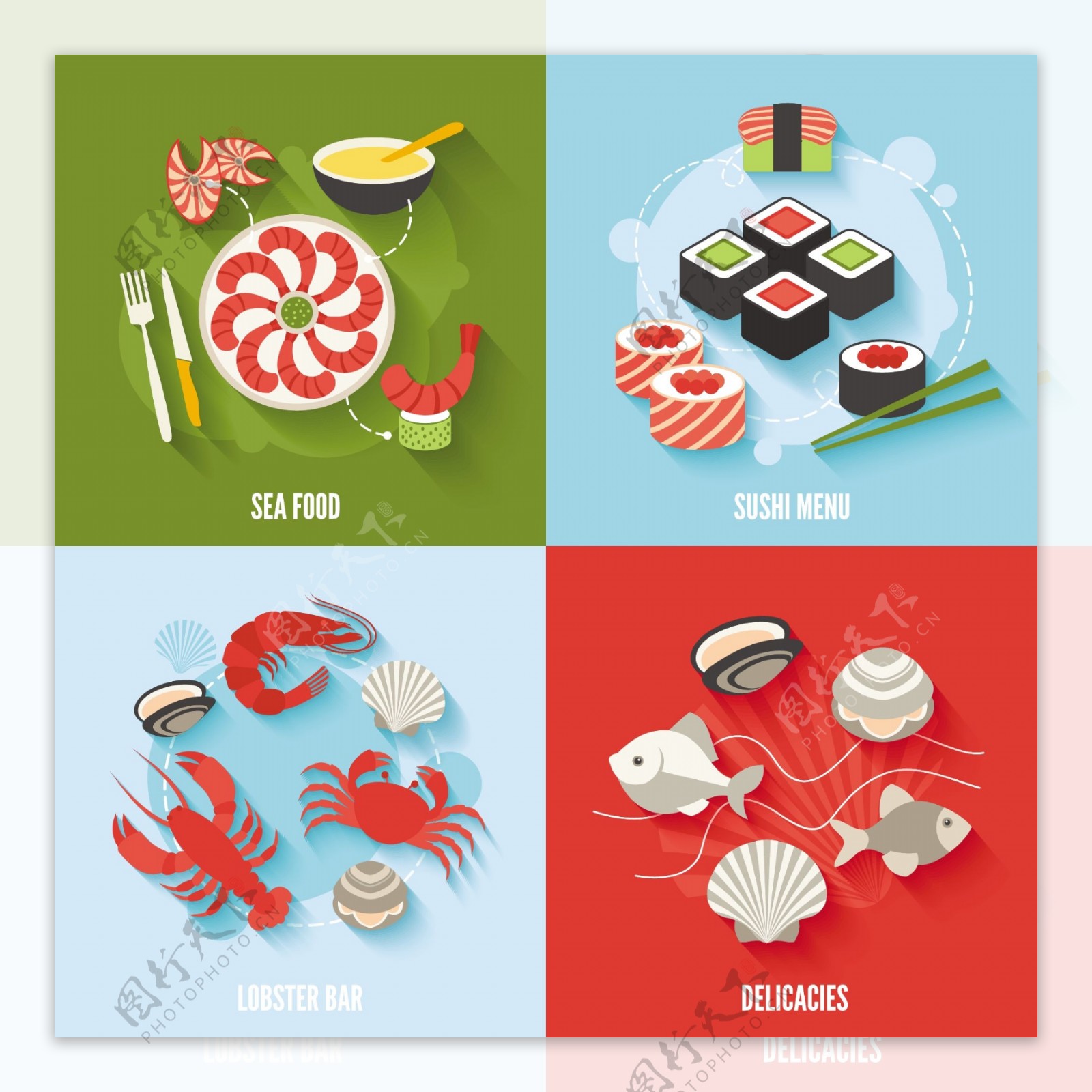 海鲜平面图标设置寿司菜单龙虾酒吧美味孤立矢量插图