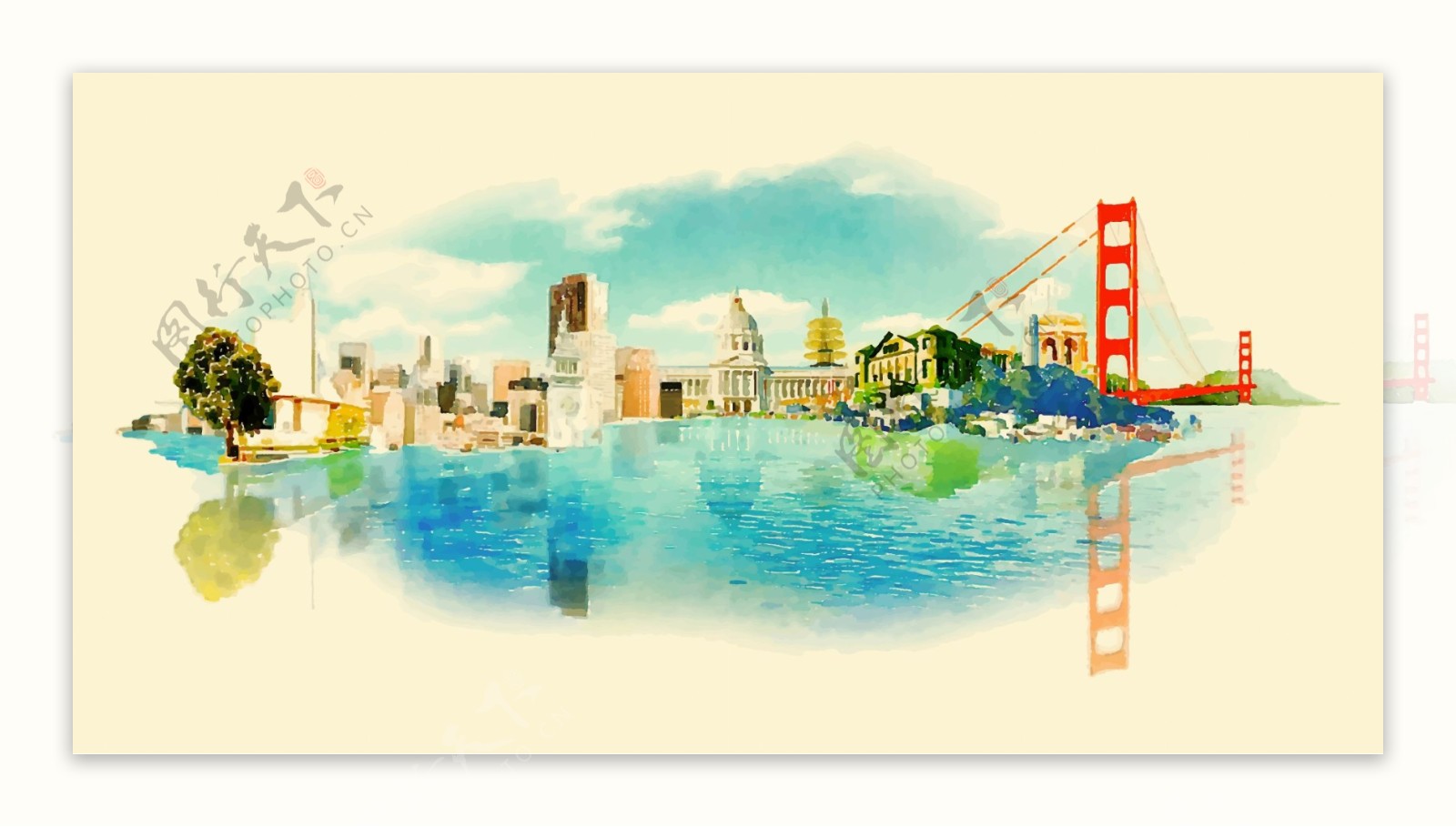 水彩绘建筑城市插画