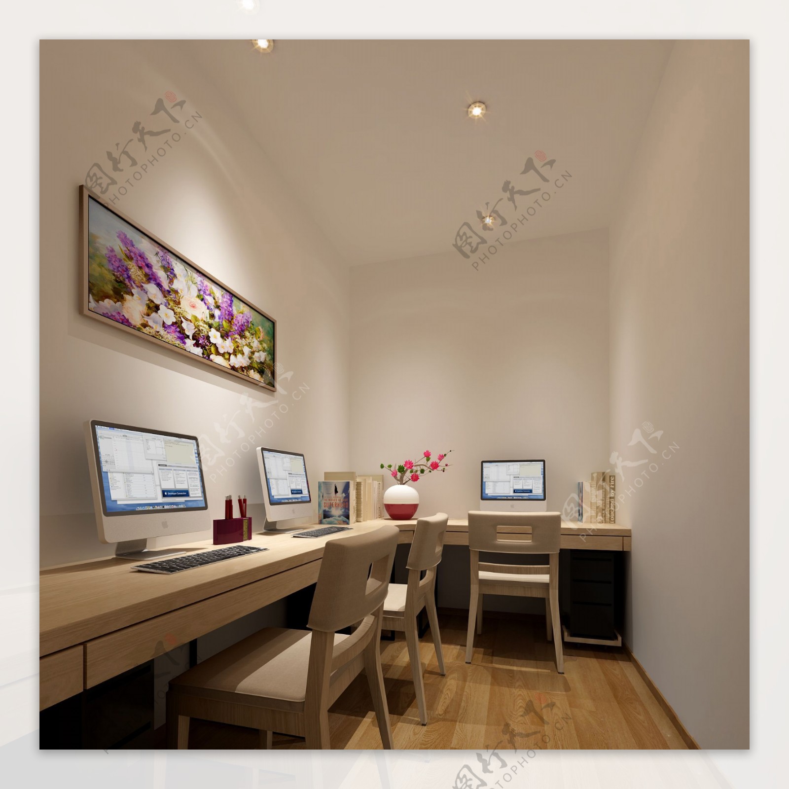 现代小户型办公室浅色桌子工装装修效果图